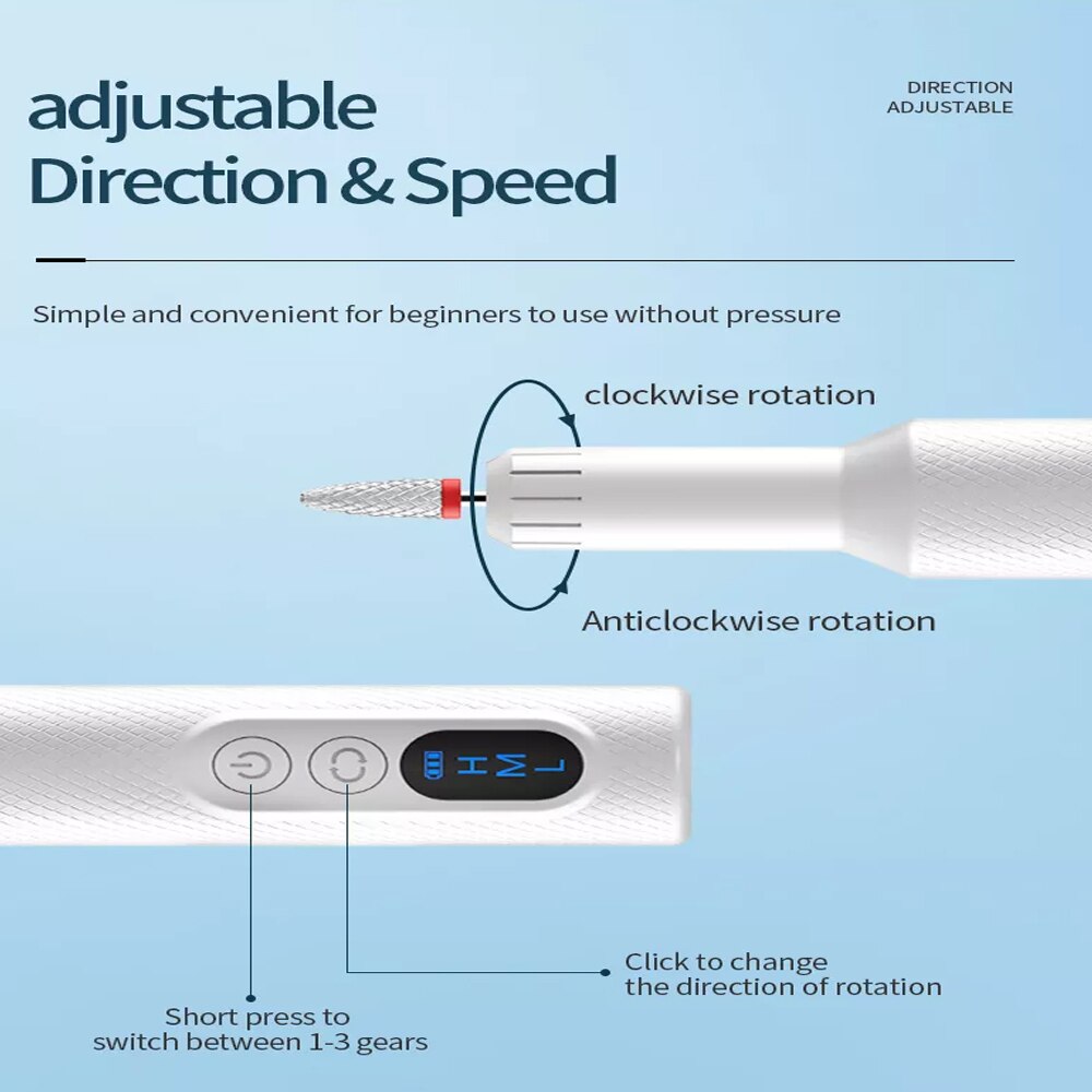 Electric Nail Drill Machine with Charging Base, featuring adjustable speed settings and multiple drill bits for professional nail care.