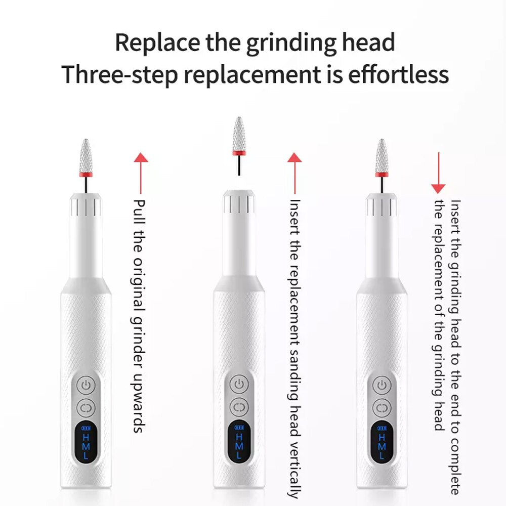 Electric Nail Drill Machine with Charging Base, featuring adjustable speed settings and multiple drill bits for professional nail care.