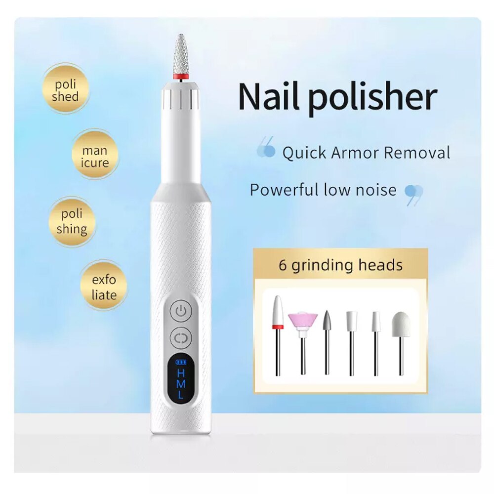 Electric Nail Drill Machine with Charging Base, featuring adjustable speed settings and multiple drill bits for professional nail care.