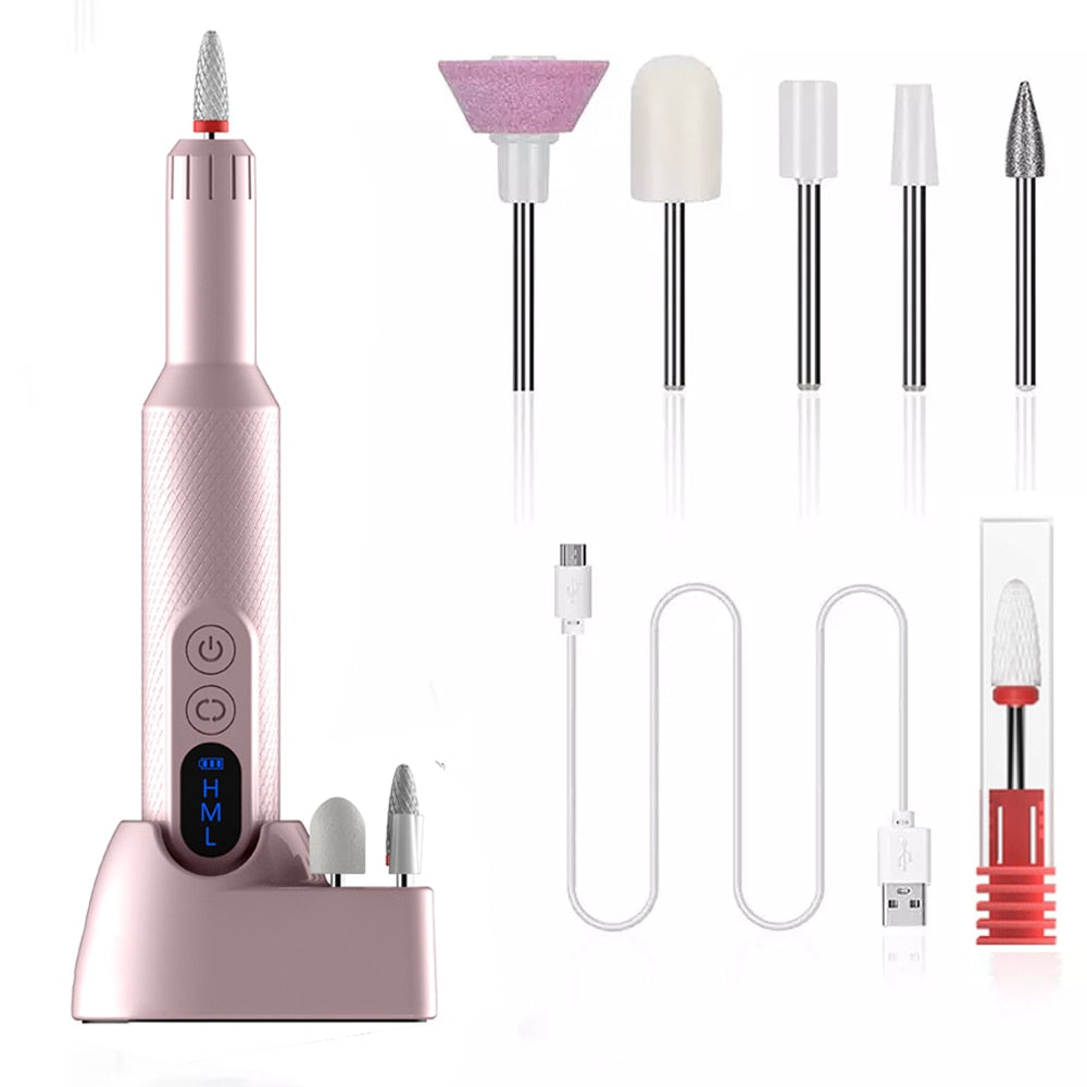Electric Nail Drill Machine with Charging Base, featuring adjustable speed settings and multiple drill bits for professional nail care.