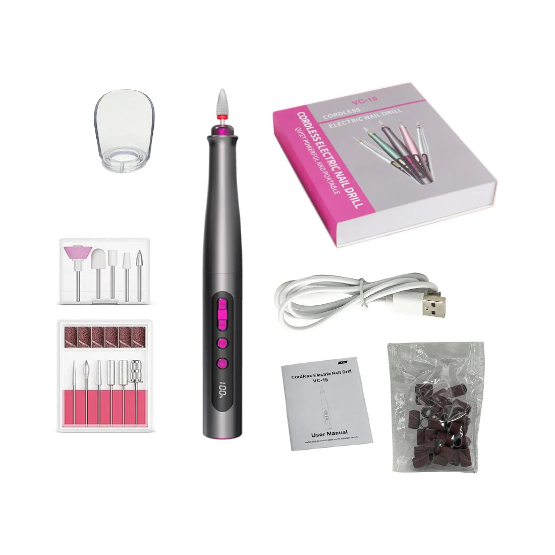 Electric Nail Sander Drill in grey color, showcasing its sleek aluminum alloy body and LCD display.