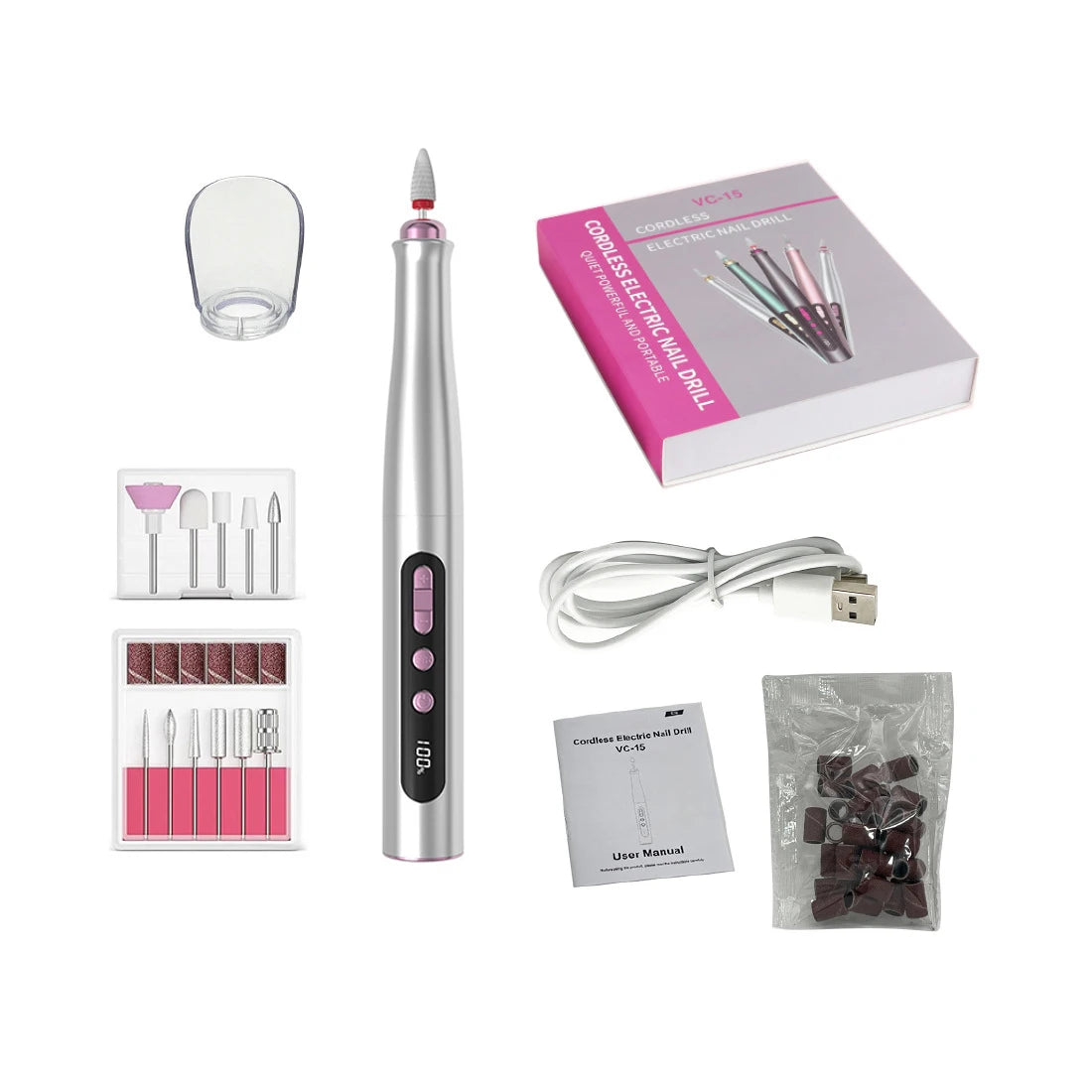 Electric Nail Sander Drill in grey color, showcasing its sleek aluminum alloy body and LCD display.