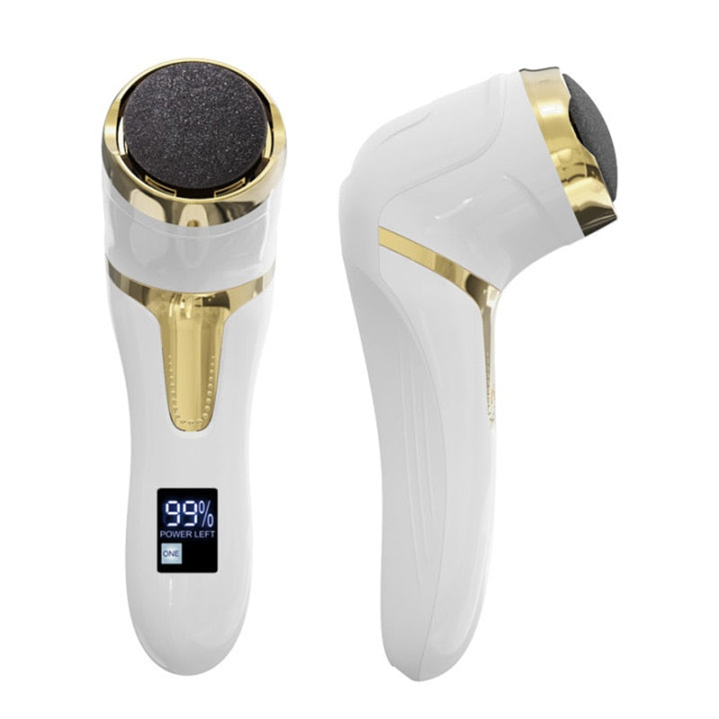 Electric Pedicure Foot Grinder with USB charging cable and roller heads for callus removal, designed for effective foot care.