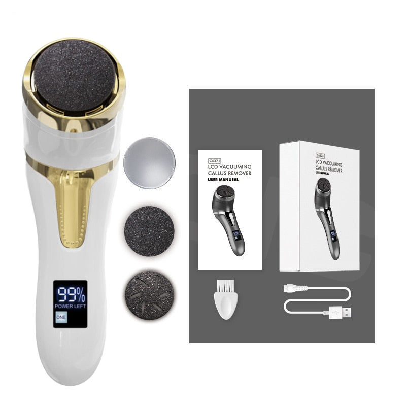 Electric Pedicure Foot Grinder with USB charging cable and roller heads for callus removal, designed for effective foot care.