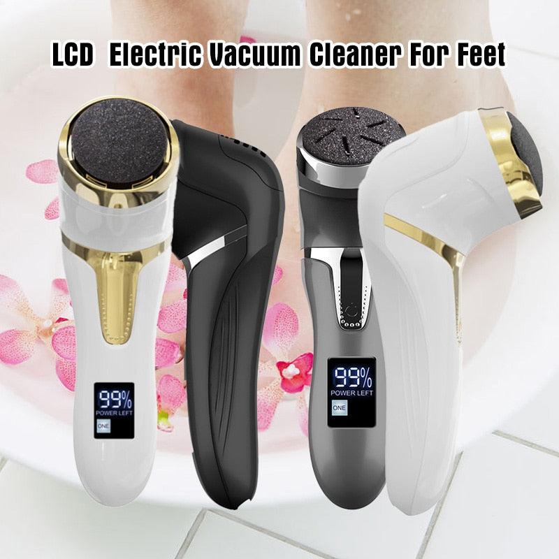 Electric Pedicure Foot Grinder with USB charging cable and roller heads for callus removal, designed for effective foot care.
