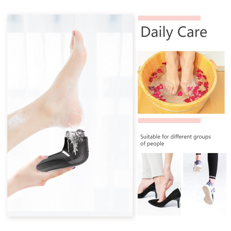 Electric Pedicure Foot Grinder with USB charging cable and roller heads for callus removal, designed for effective foot care.