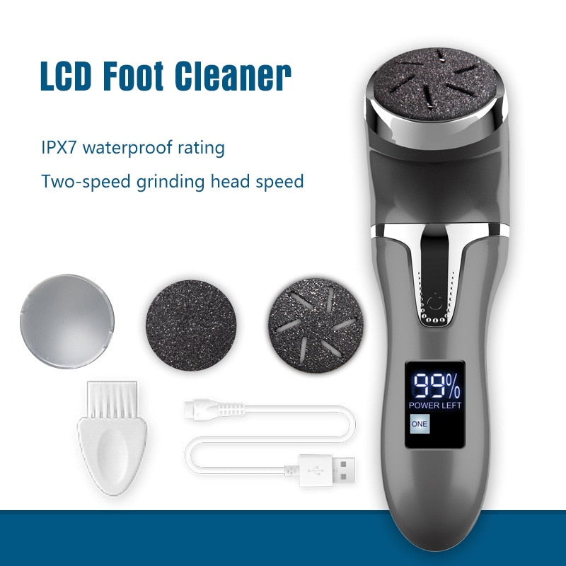Electric Pedicure Foot Grinder with USB charging cable and roller heads for callus removal, designed for effective foot care.