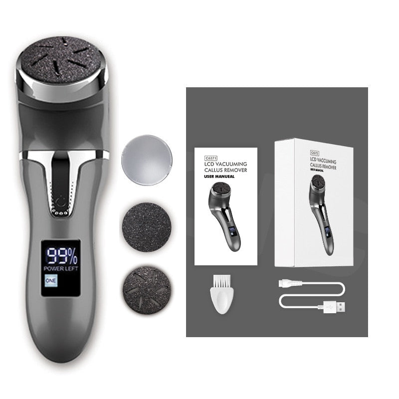 Electric Pedicure Foot Grinder with USB charging cable and roller heads for callus removal, designed for effective foot care.