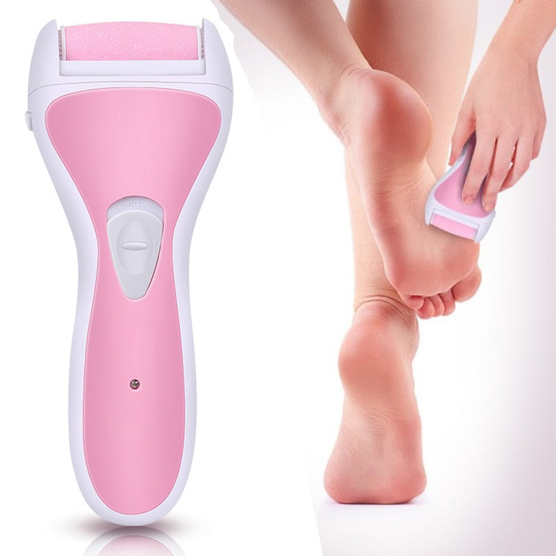 Electric Rechargeable Pedicure Foot Care Tool in pink and purple, featuring removable grinding heads and USB charging capability.