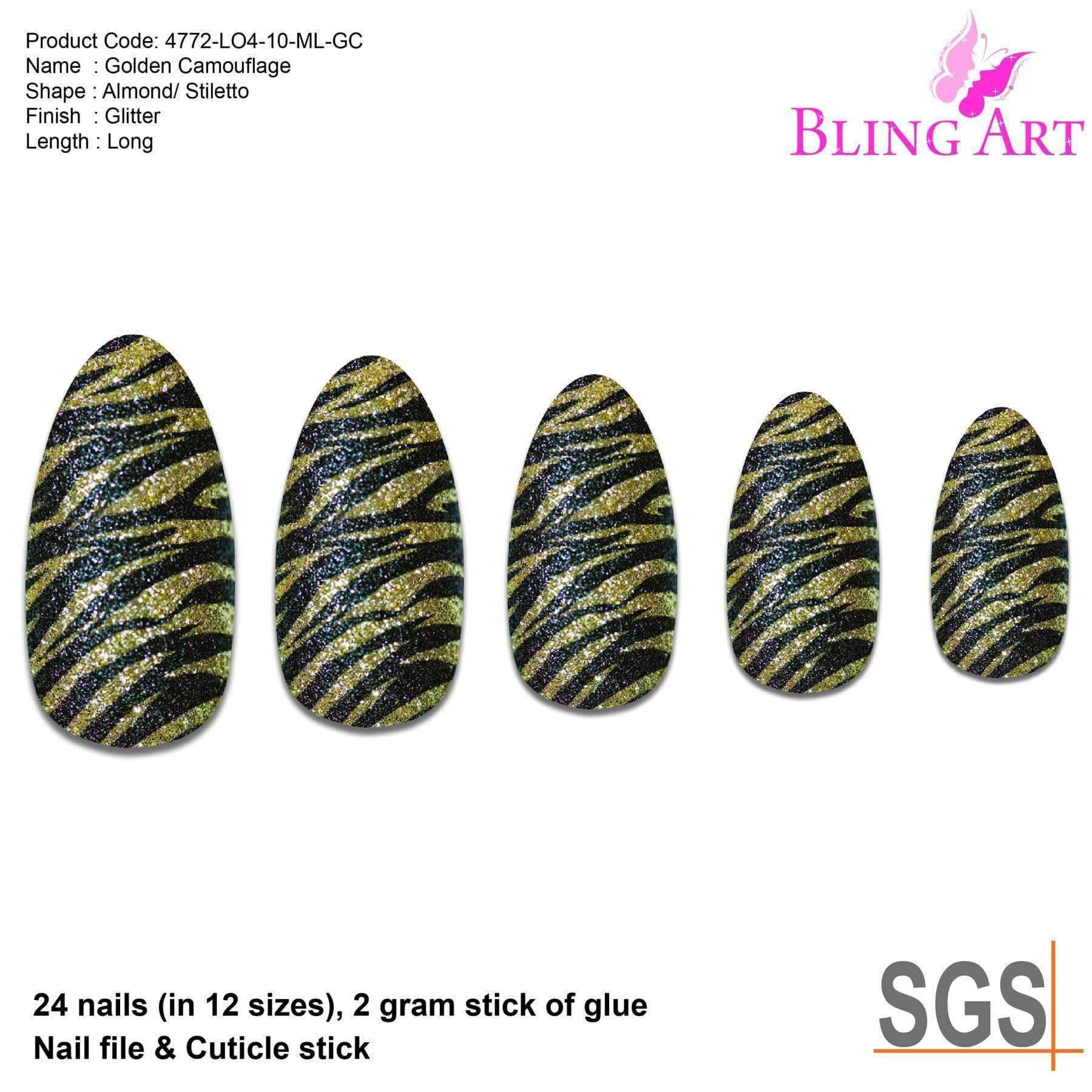 A set of 24 long almond stiletto false nails in black and gold glitter design, accompanied by a glue stick, nail file, and cuticle stick.