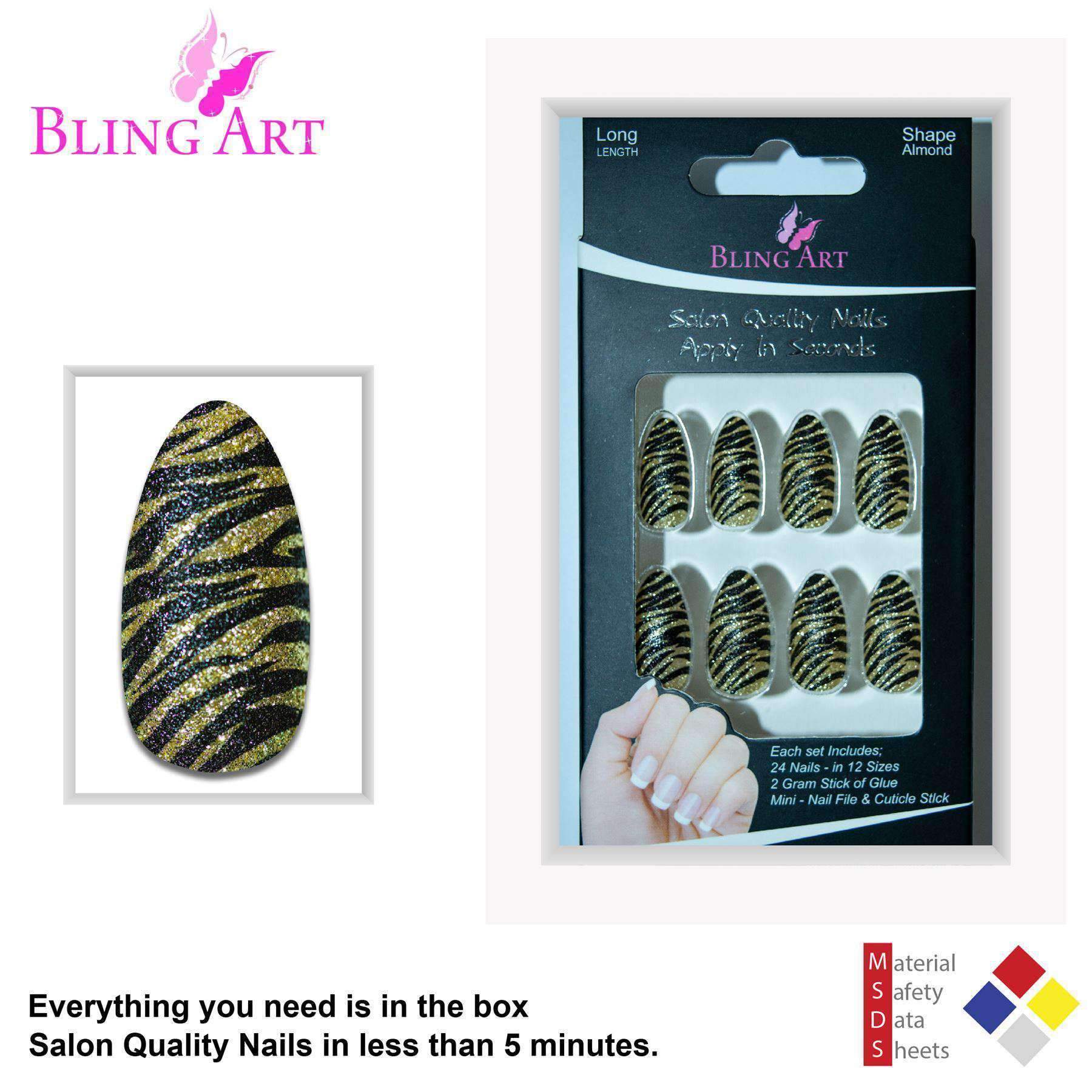 A set of 24 long almond stiletto false nails in black and gold glitter design, accompanied by a glue stick, nail file, and cuticle stick.