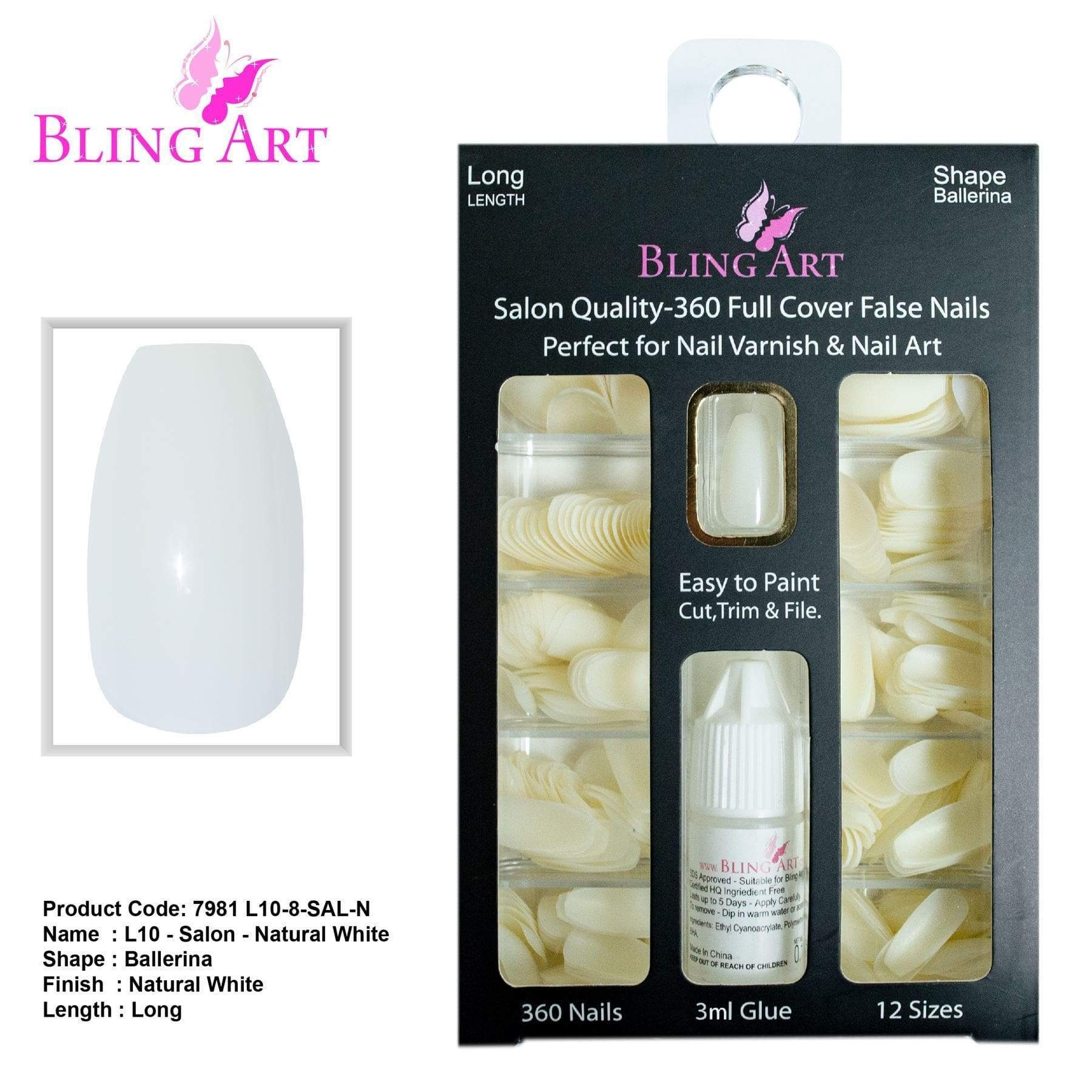 Bling Art 360 Coffin Ballerina Long Natural Acrylic Nails displayed in various sizes, showcasing their elegant shape and glossy finish.