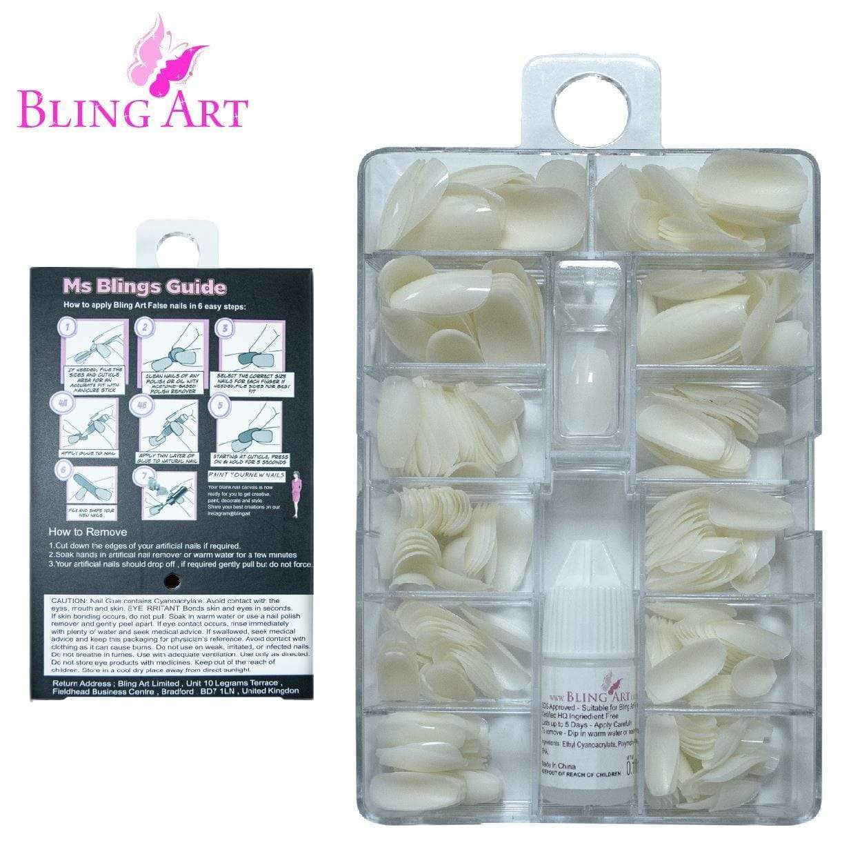 Bling Art 360 Coffin Ballerina Long Natural Acrylic Nails displayed in various sizes, showcasing their elegant shape and glossy finish.