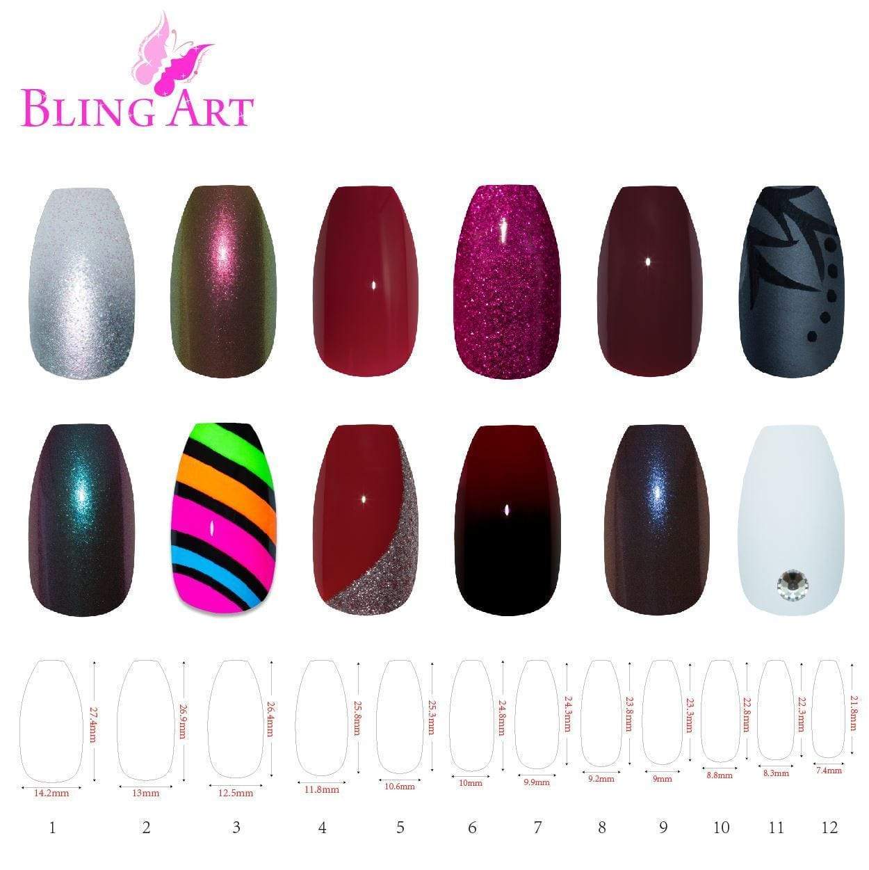 Bling Art 360 Coffin Ballerina Long Natural Acrylic Nails displayed in various sizes, showcasing their elegant shape and glossy finish.