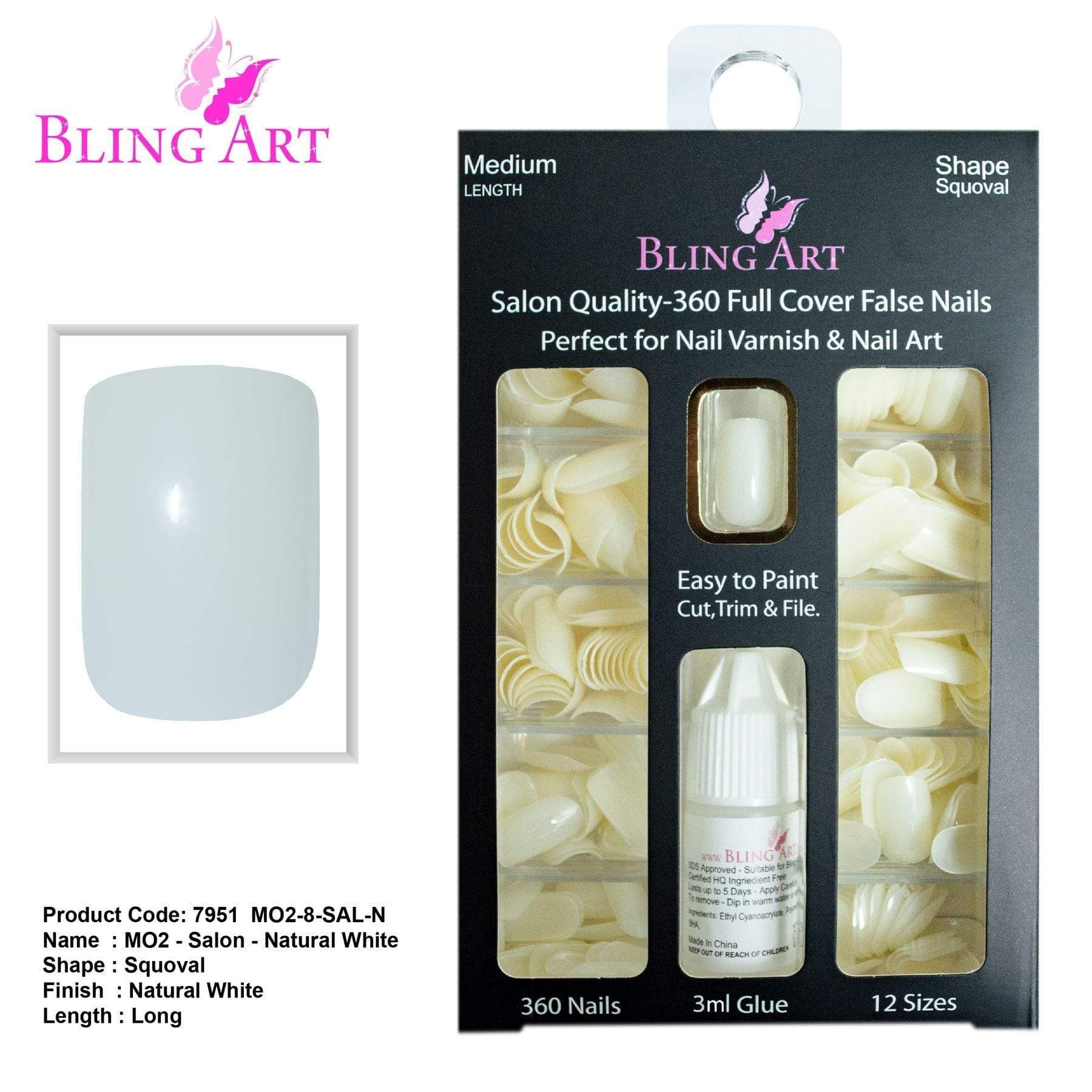 A set of Bling Art 360 Squoval Long Natural Acrylic Fake Nails displayed in various sizes, showcasing their elegant squoval shape and glossy finish.