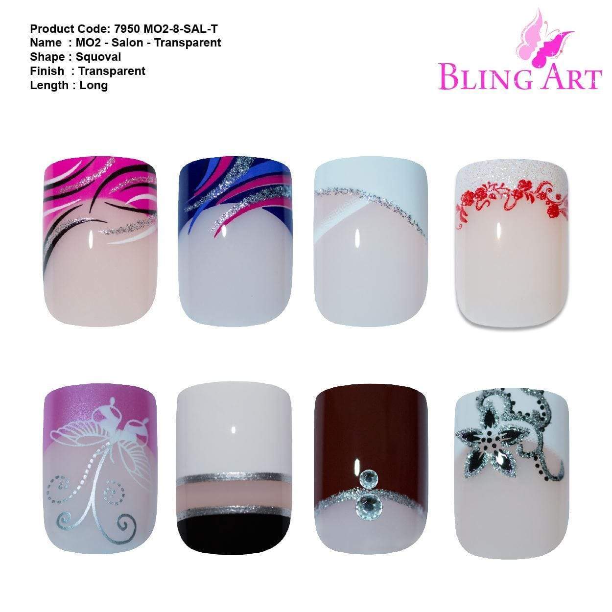 Bling Art 360 Squoval Long Transparent Acrylic Fake Nails displayed in various sizes, showcasing their elegant squoval shape and glossy finish.