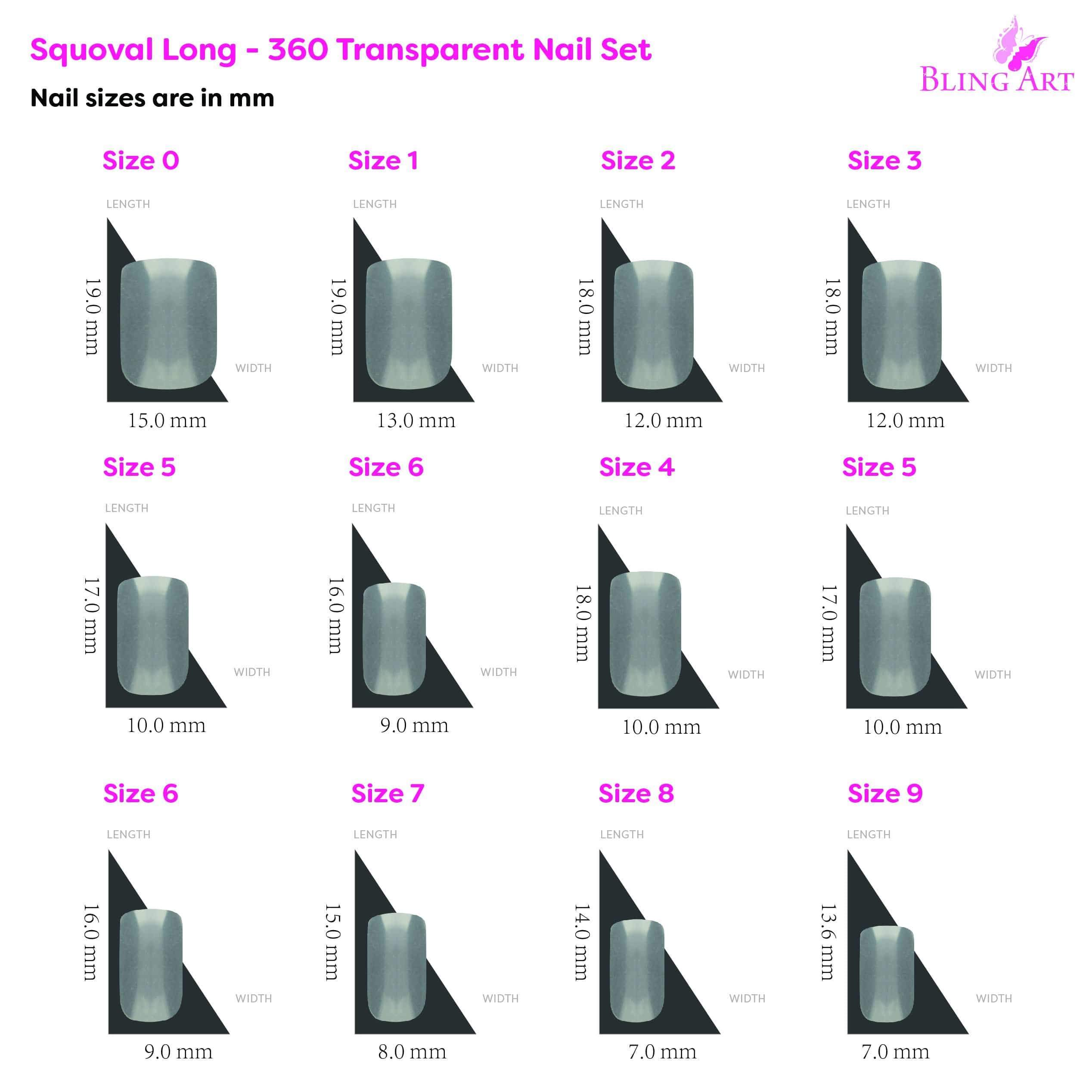 Bling Art 360 Squoval Long Transparent Acrylic Fake Nails displayed in various sizes, showcasing their elegant squoval shape and glossy finish.
