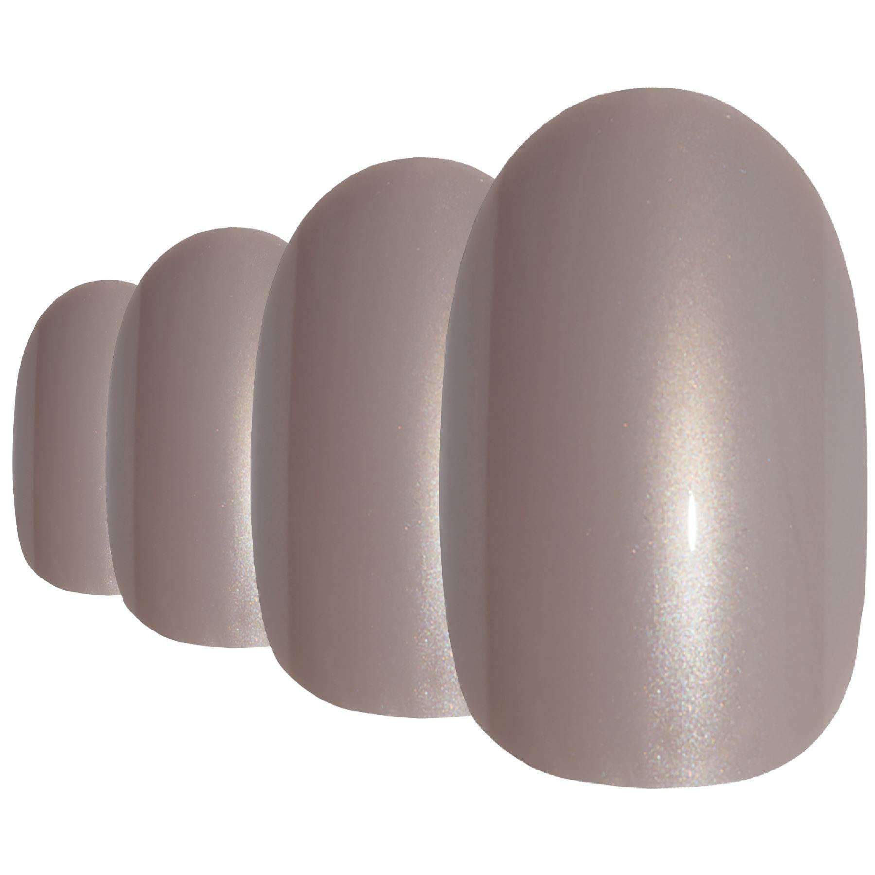 Bling Art Beige Glitter Oval Medium Fake Acrylic Nails set with 24 pieces, glue, nail file, and cuticle stick, showcasing a shimmering beige finish.