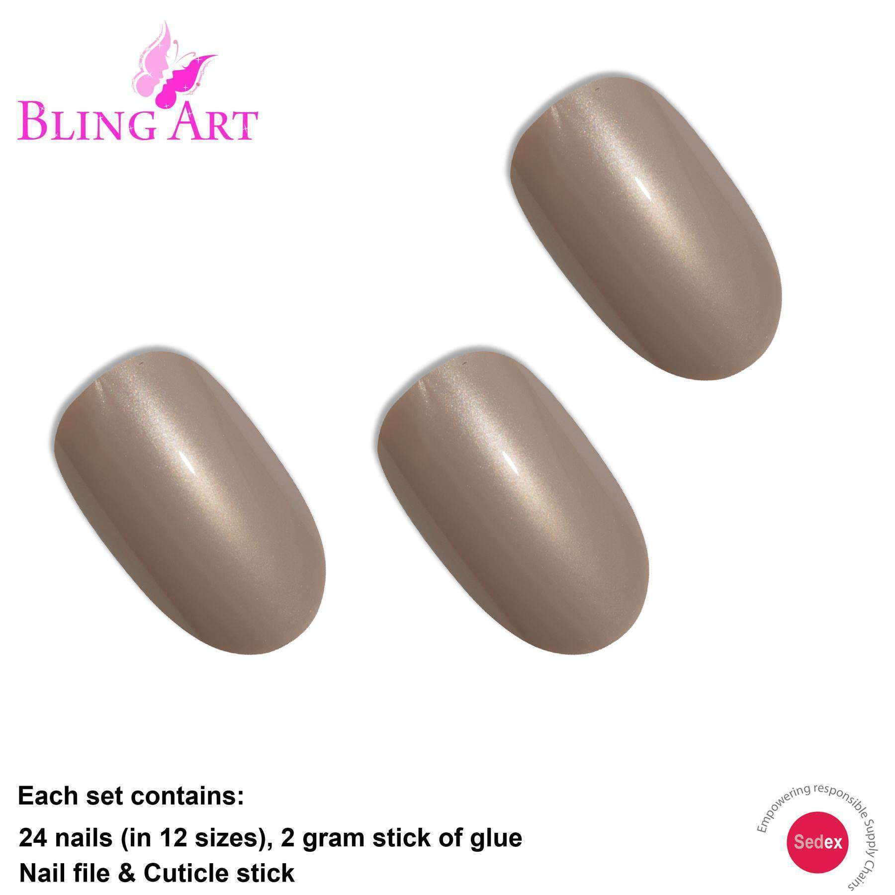 Bling Art Beige Glitter Oval Medium Fake Acrylic Nails set with 24 pieces, glue, nail file, and cuticle stick, showcasing a shimmering beige finish.