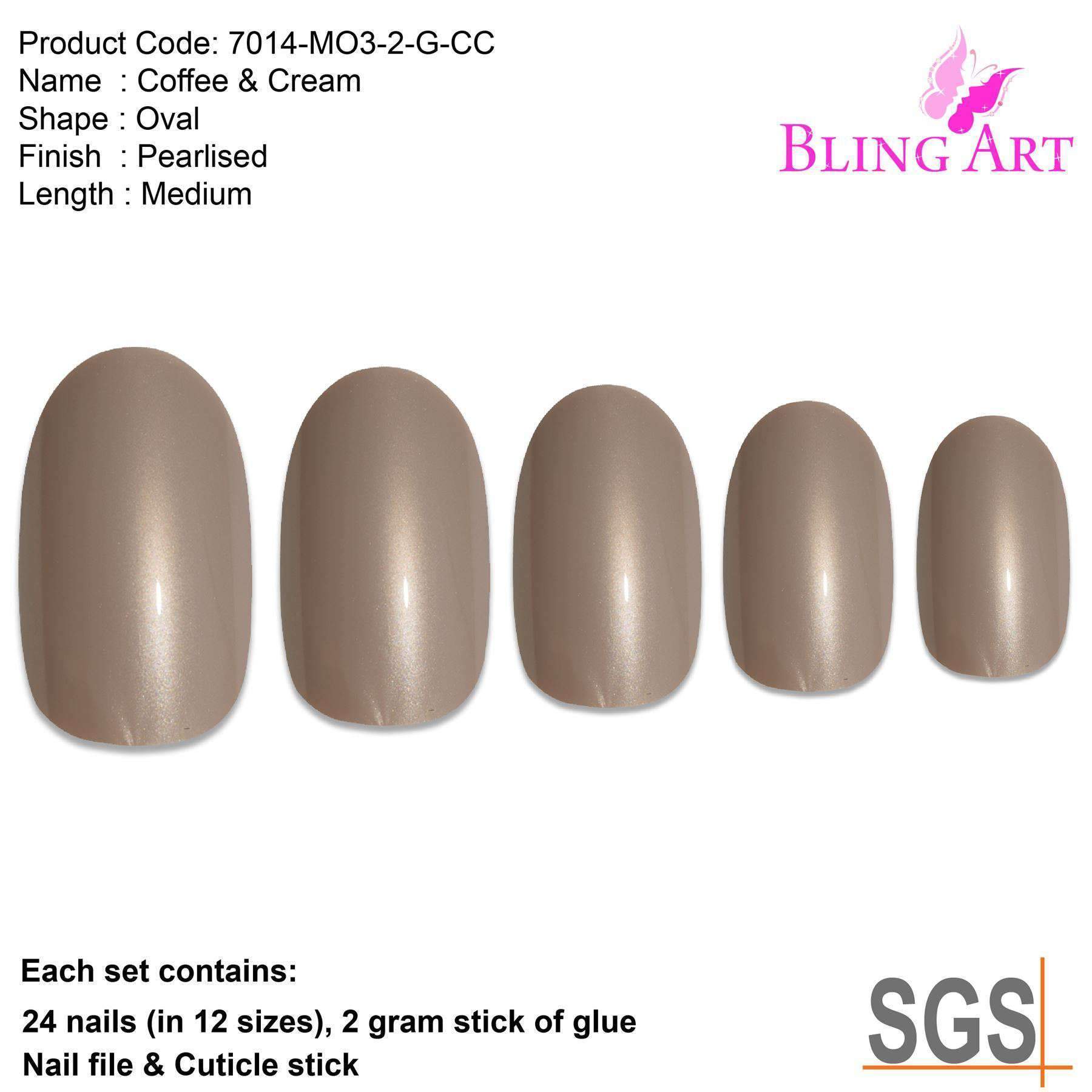 Bling Art Beige Glitter Oval Medium Fake Acrylic Nails set with 24 pieces, glue, nail file, and cuticle stick, showcasing a shimmering beige finish.