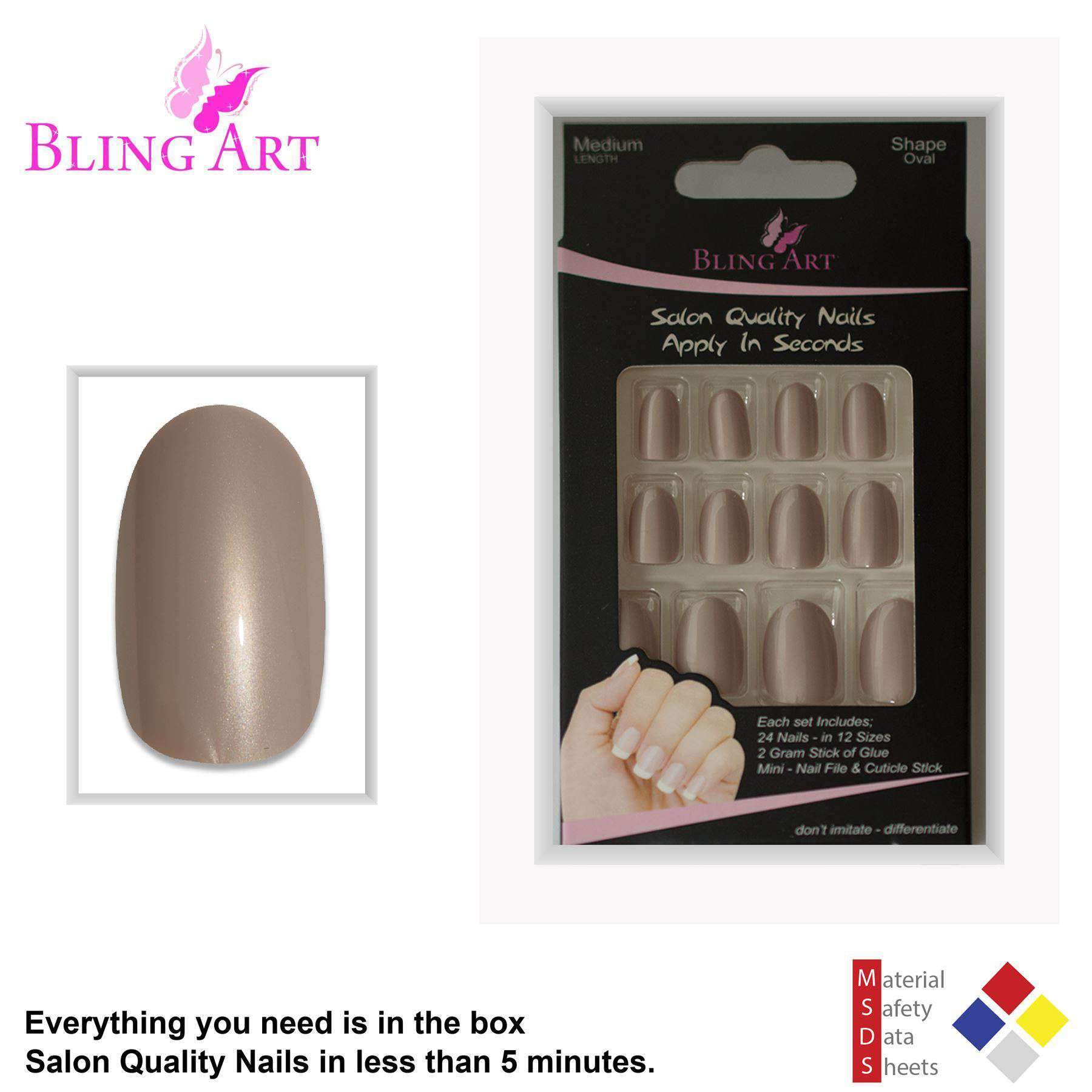Bling Art Beige Glitter Oval Medium Fake Acrylic Nails set with 24 pieces, glue, nail file, and cuticle stick, showcasing a shimmering beige finish.