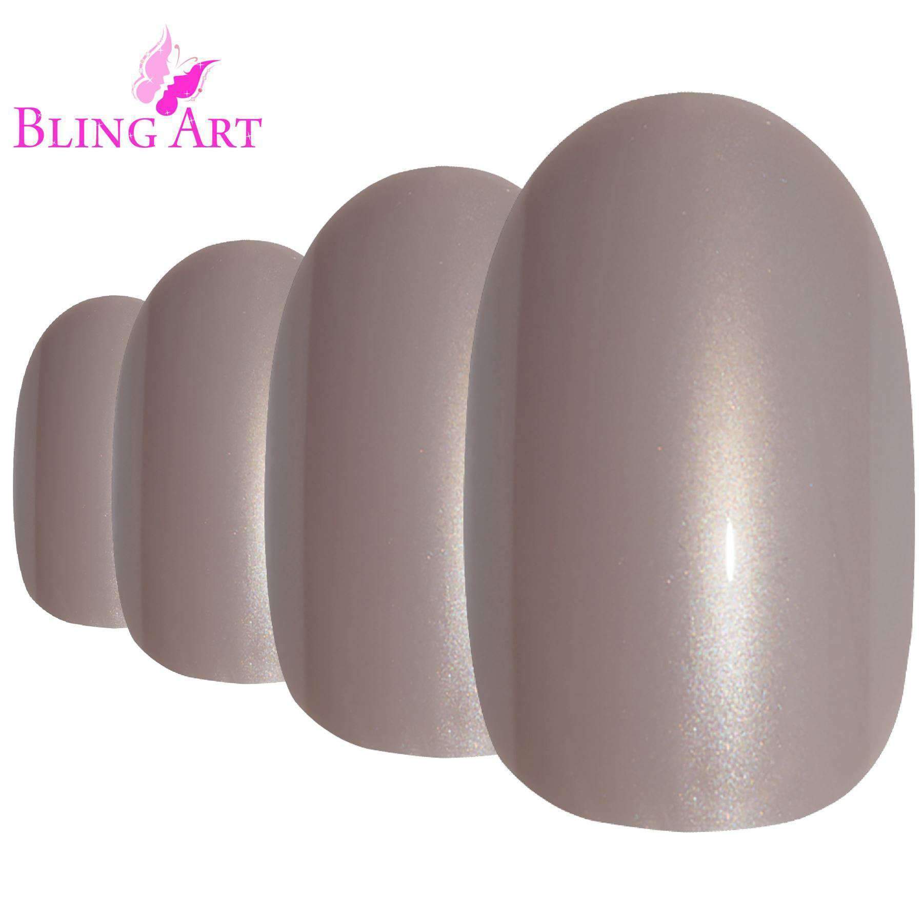 Bling Art Beige Glitter Oval Medium Fake Acrylic Nails set with 24 pieces, glue, nail file, and cuticle stick, showcasing a shimmering beige finish.
