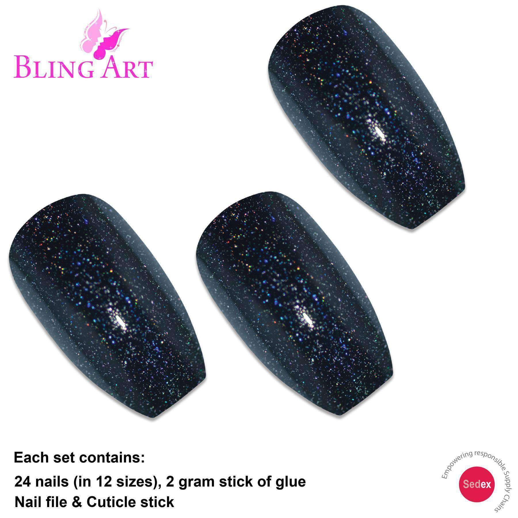 Bling Art Black Gel Ballerina Coffin nails displayed in a stylish arrangement, showcasing 24 long fake acrylic nail tips with a glossy finish.