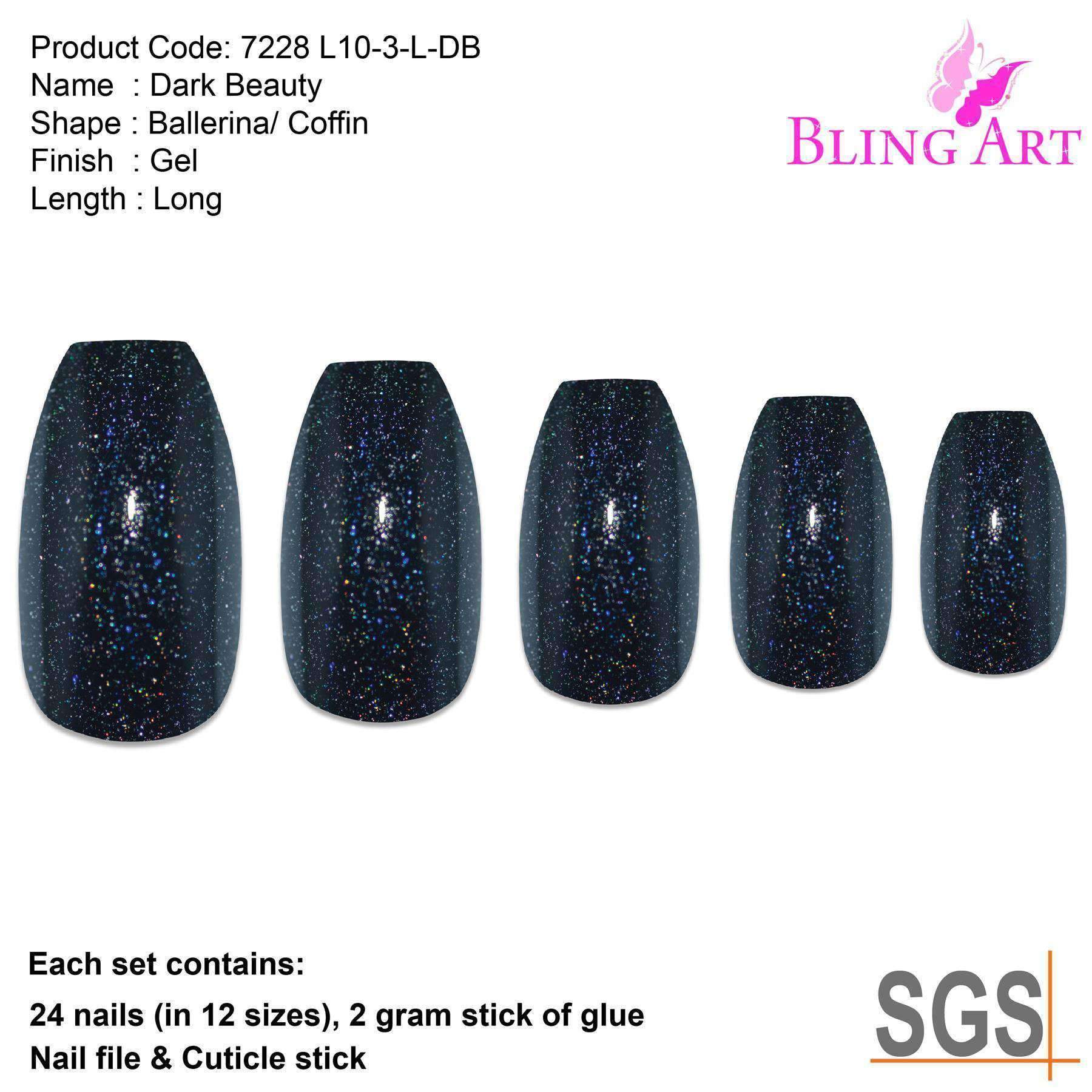 Bling Art Black Gel Ballerina Coffin nails displayed in a stylish arrangement, showcasing 24 long fake acrylic nail tips with a glossy finish.