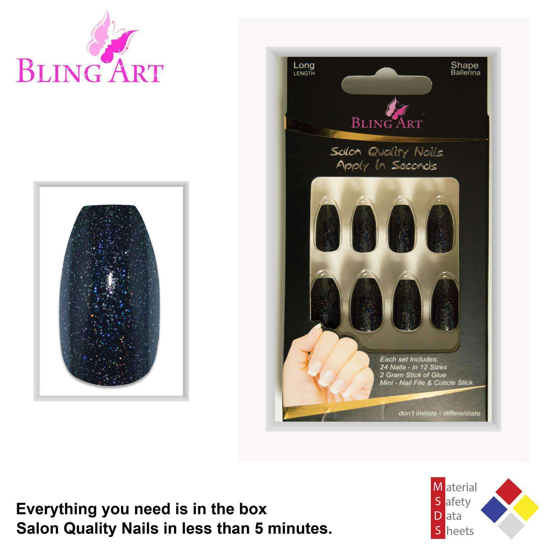 Bling Art Black Gel Ballerina Coffin nails displayed in a stylish arrangement, showcasing 24 long fake acrylic nail tips with a glossy finish.