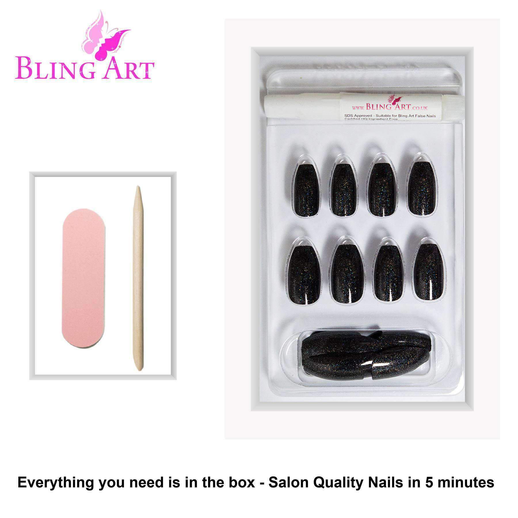 Bling Art Black Gel Ballerina Coffin nails displayed in a stylish arrangement, showcasing 24 long fake acrylic nail tips with a glossy finish.