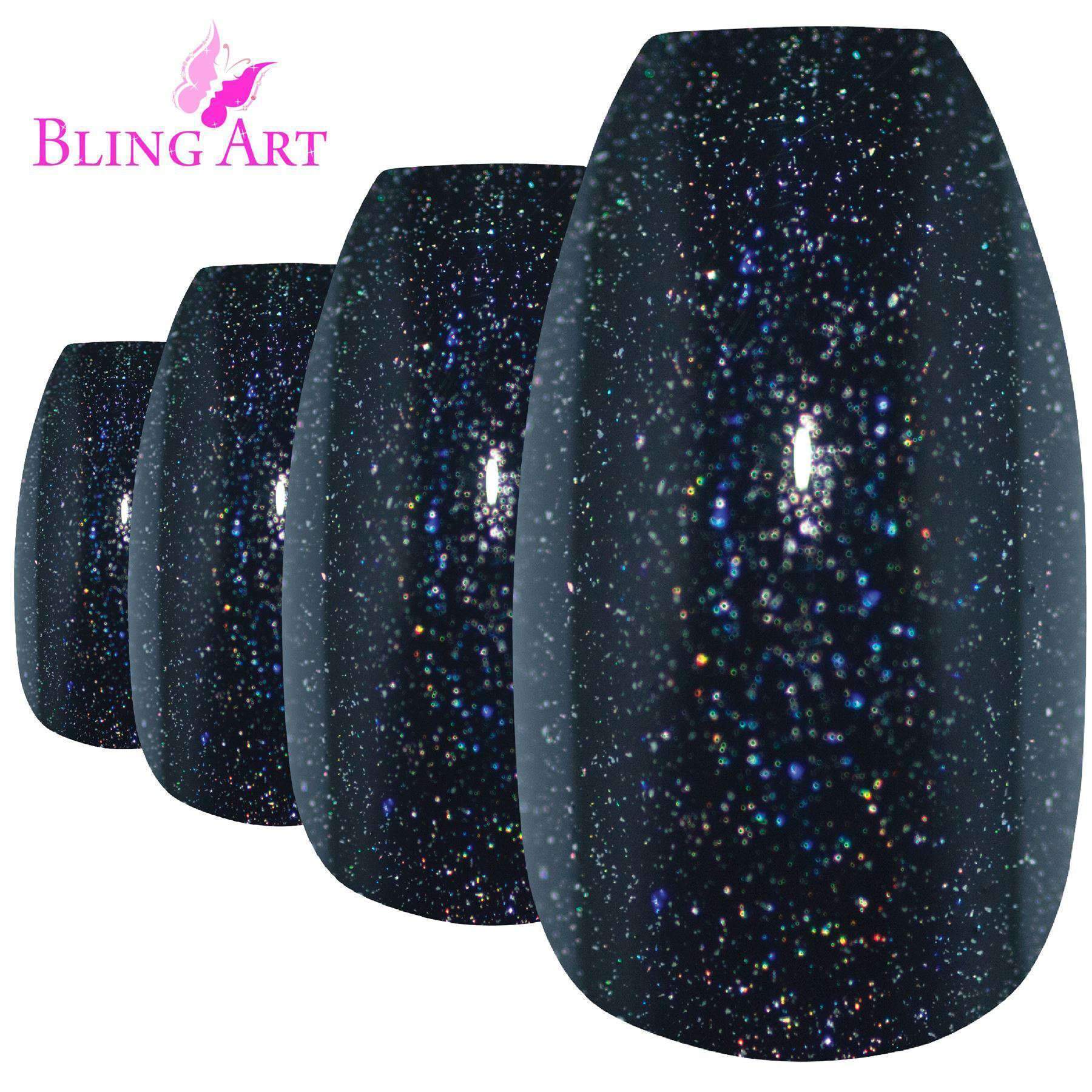Bling Art Black Gel Ballerina Coffin nails displayed in a stylish arrangement, showcasing 24 long fake acrylic nail tips with a glossy finish.
