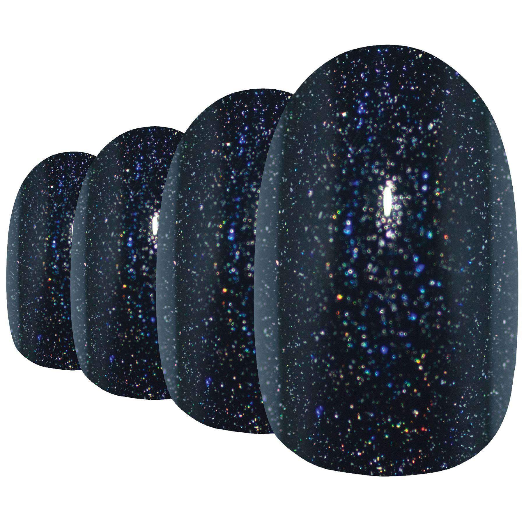 Bling Art Black Gel Oval Medium Fake Acrylic Nails set with 24 tips, glue, nail file, and cuticle stick, showcasing a shiny black finish.