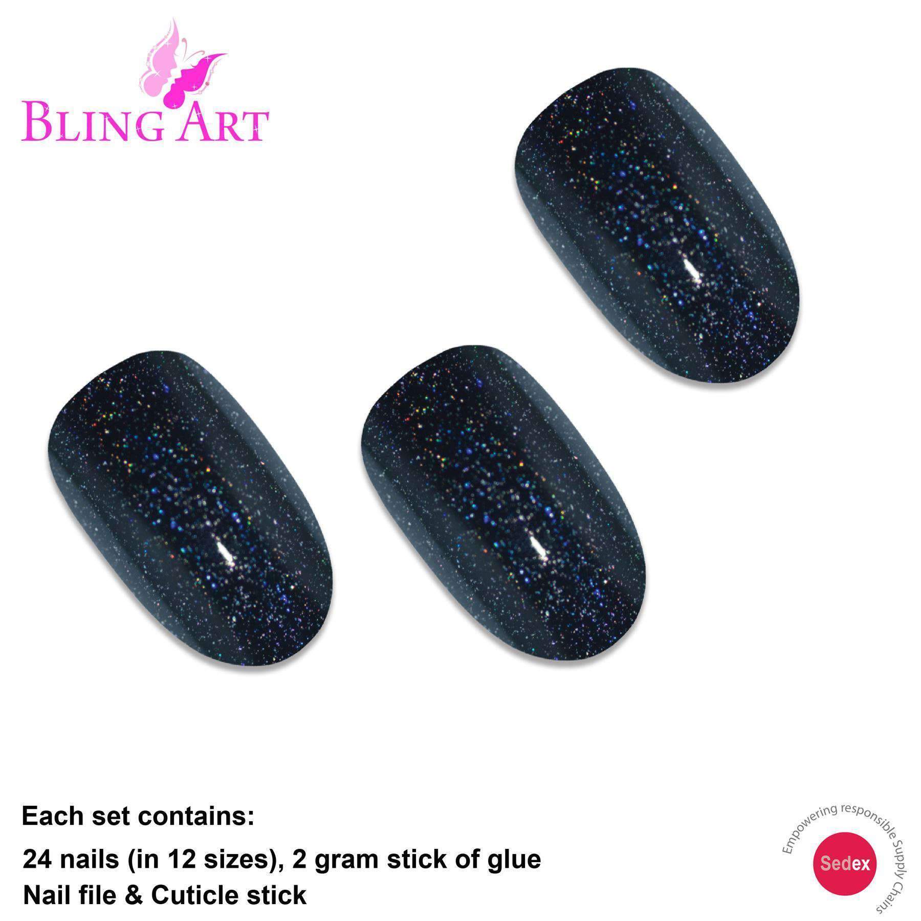 Bling Art Black Gel Oval Medium Fake Acrylic Nails set with 24 tips, glue, nail file, and cuticle stick, showcasing a shiny black finish.