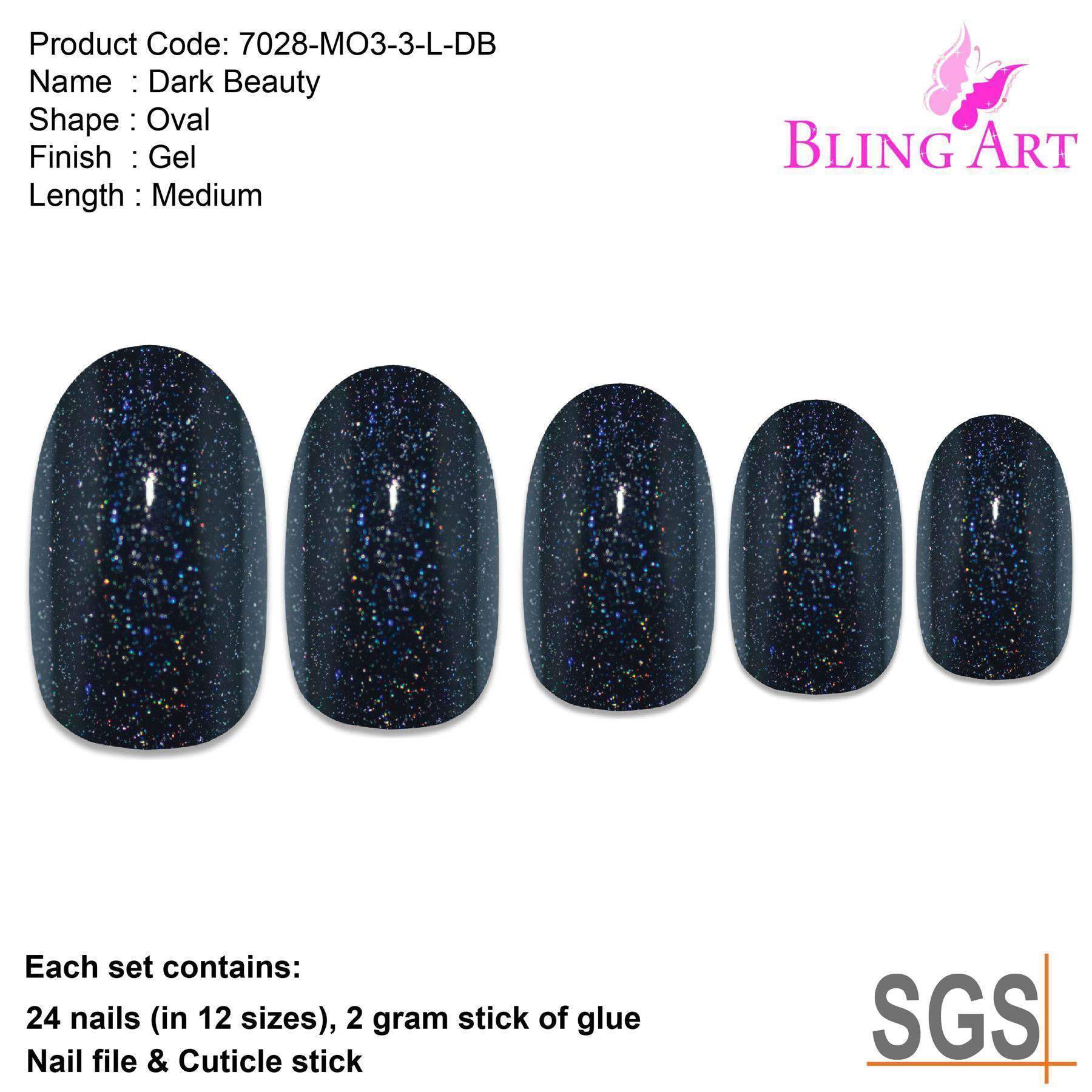 Bling Art Black Gel Oval Medium Fake Acrylic Nails set with 24 tips, glue, nail file, and cuticle stick, showcasing a shiny black finish.