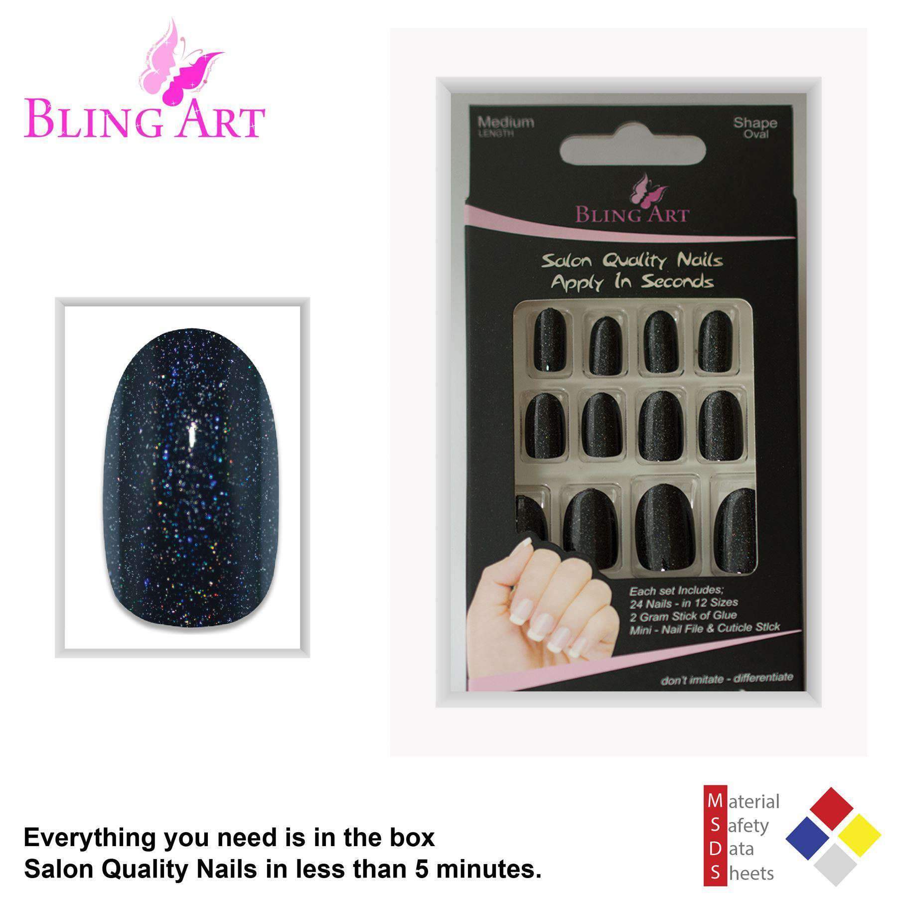 Bling Art Black Gel Oval Medium Fake Acrylic Nails set with 24 tips, glue, nail file, and cuticle stick, showcasing a shiny black finish.