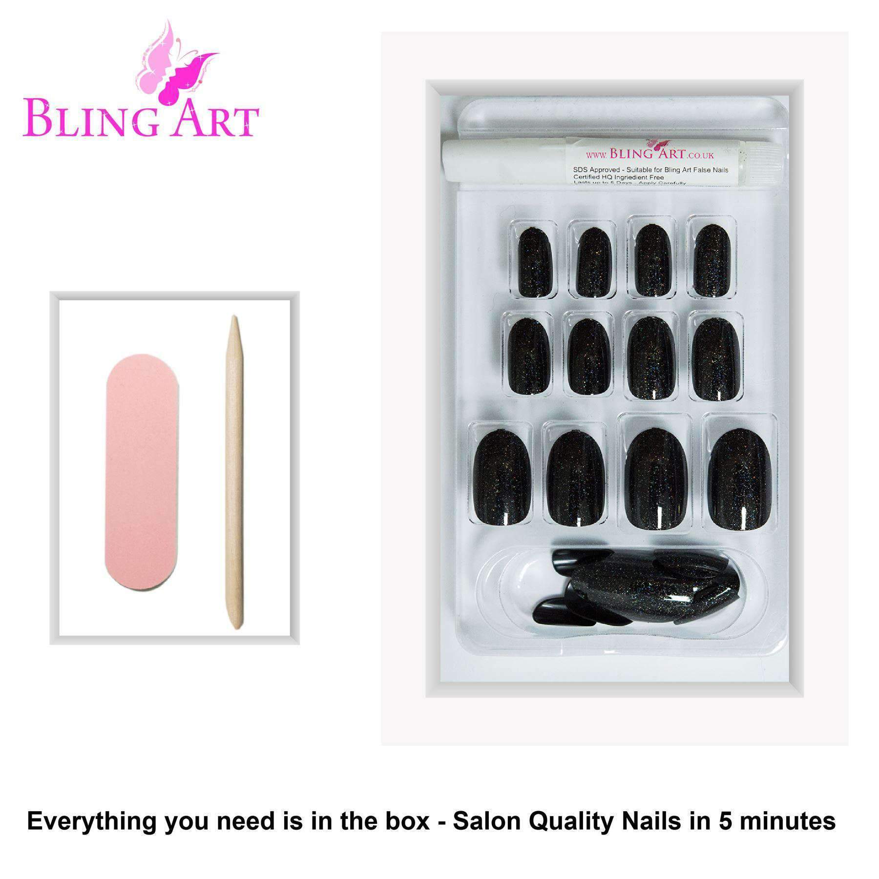 Bling Art Black Gel Oval Medium Fake Acrylic Nails set with 24 tips, glue, nail file, and cuticle stick, showcasing a shiny black finish.