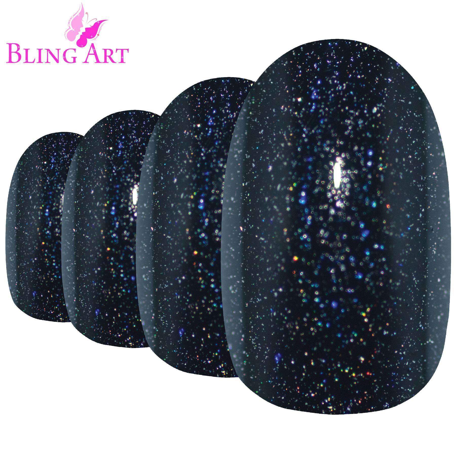 Bling Art Black Gel Oval Medium Fake Acrylic Nails set with 24 tips, glue, nail file, and cuticle stick, showcasing a shiny black finish.