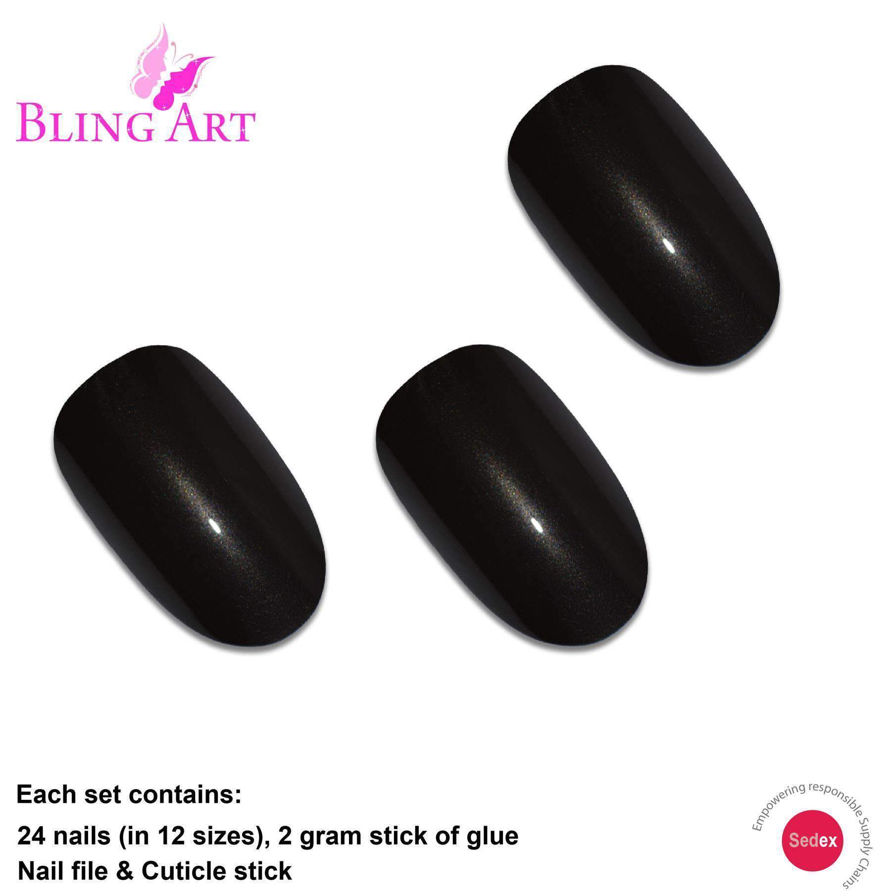Bling Art Black Glitter Oval Medium Fake Acrylic Nails set with 24 nail tips, glue, nail file, and cuticle stick, showcasing a chic and elegant design.