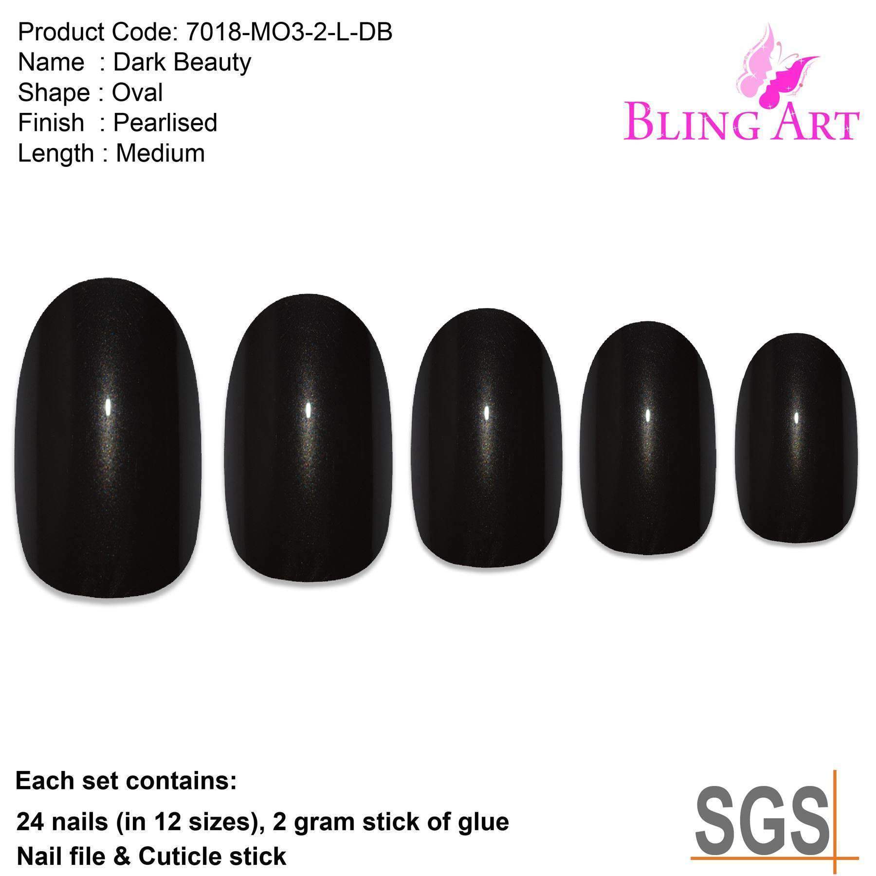 Bling Art Black Glitter Oval Medium Fake Acrylic Nails set with 24 nail tips, glue, nail file, and cuticle stick, showcasing a chic and elegant design.