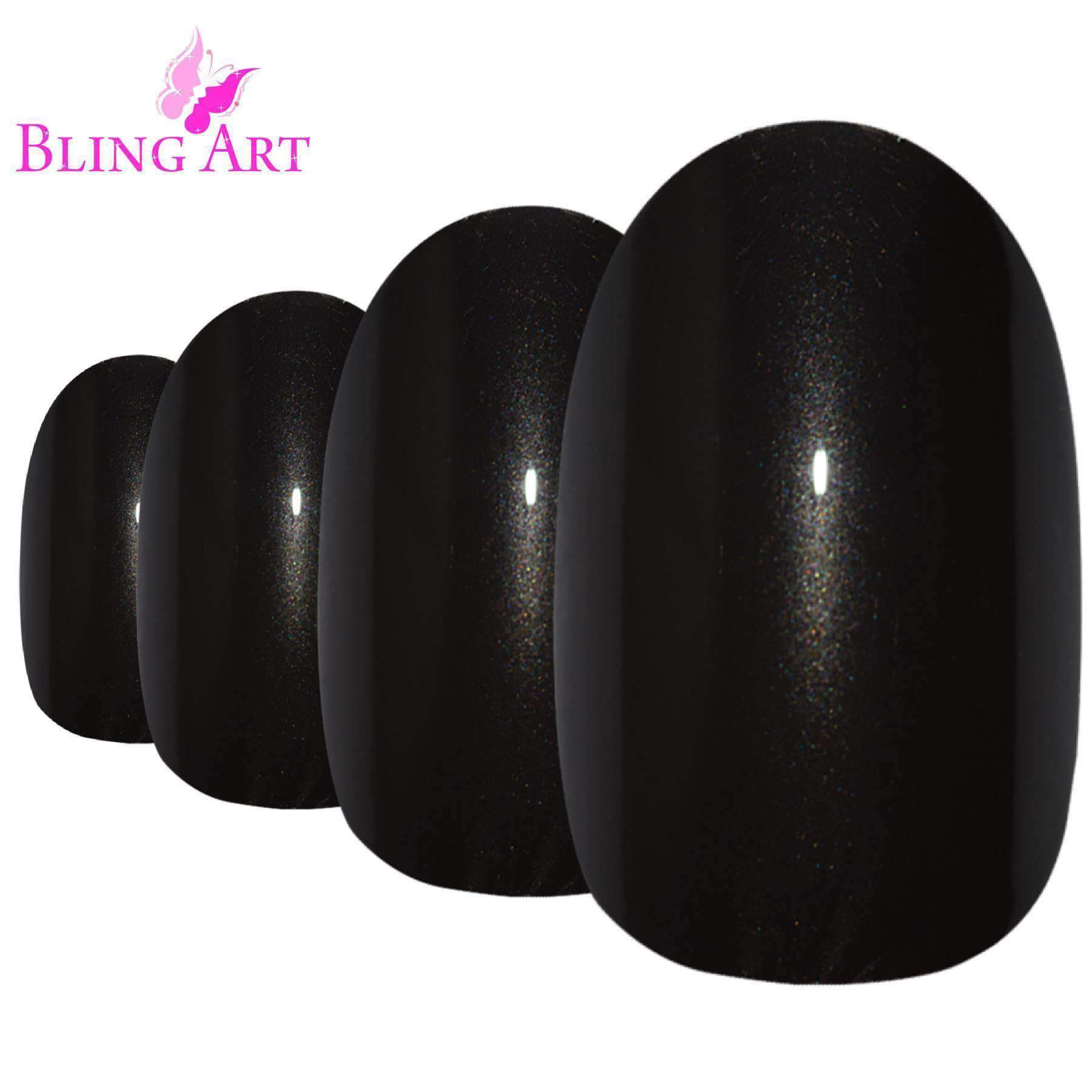 Bling Art Black Glitter Oval Medium Fake Acrylic Nails set with 24 nail tips, glue, nail file, and cuticle stick, showcasing a chic and elegant design.