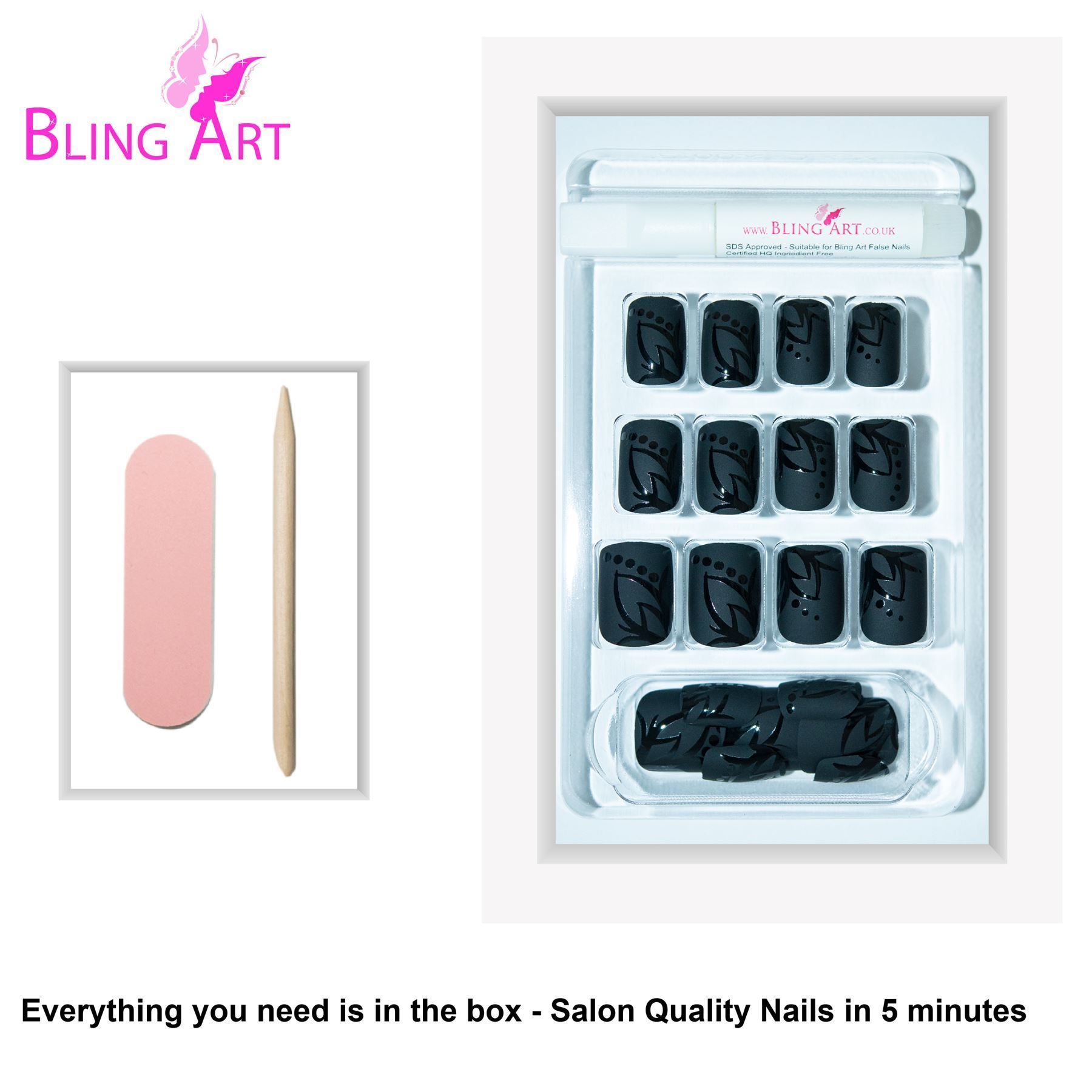 Bling Art Black Leaf Matte French Squoval false nails displayed in a stylish arrangement, showcasing their chic matte finish and elegant black leaf design.