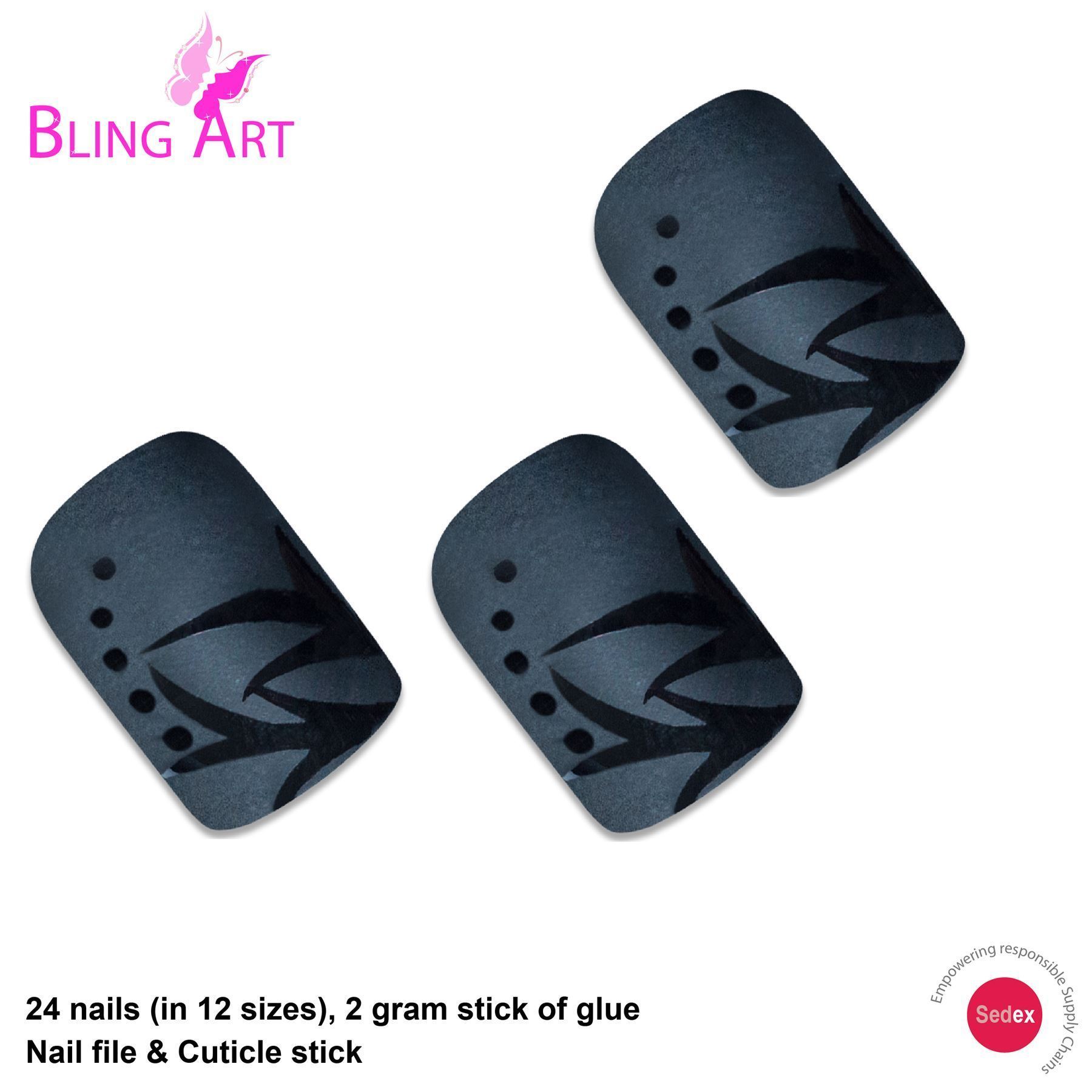 Bling Art Black Leaf Matte French Squoval false nails displayed in a stylish arrangement, showcasing their chic matte finish and elegant black leaf design.