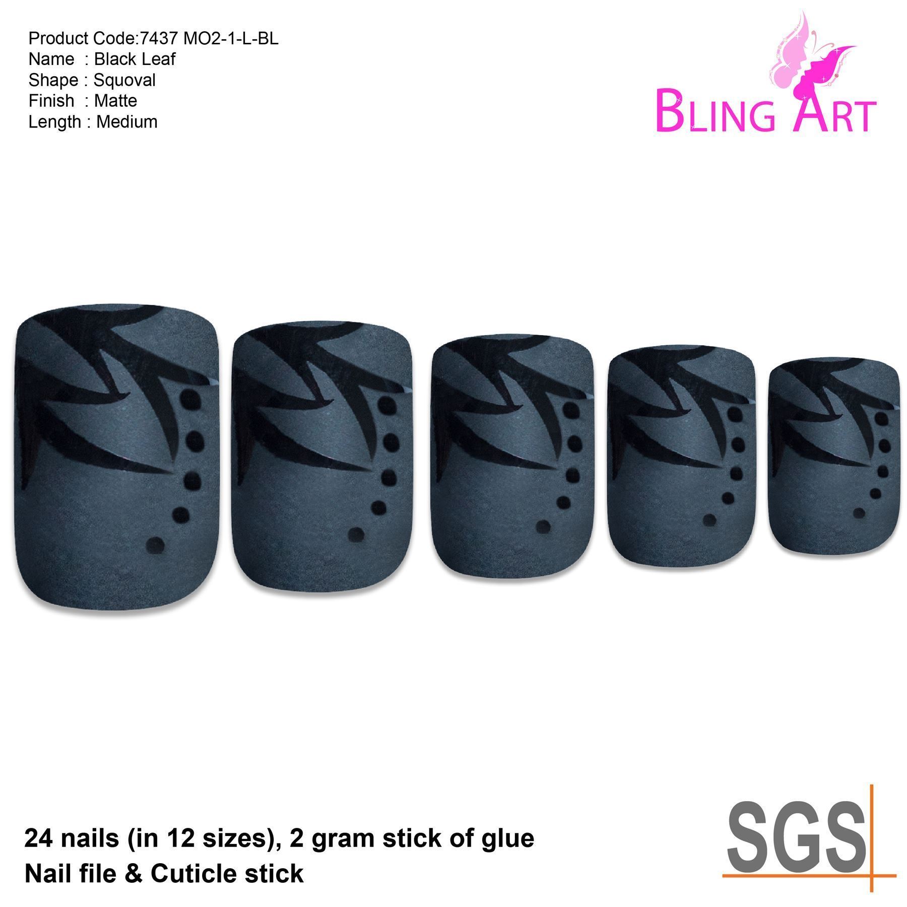 Bling Art Black Leaf Matte French Squoval false nails displayed in a stylish arrangement, showcasing their chic matte finish and elegant black leaf design.