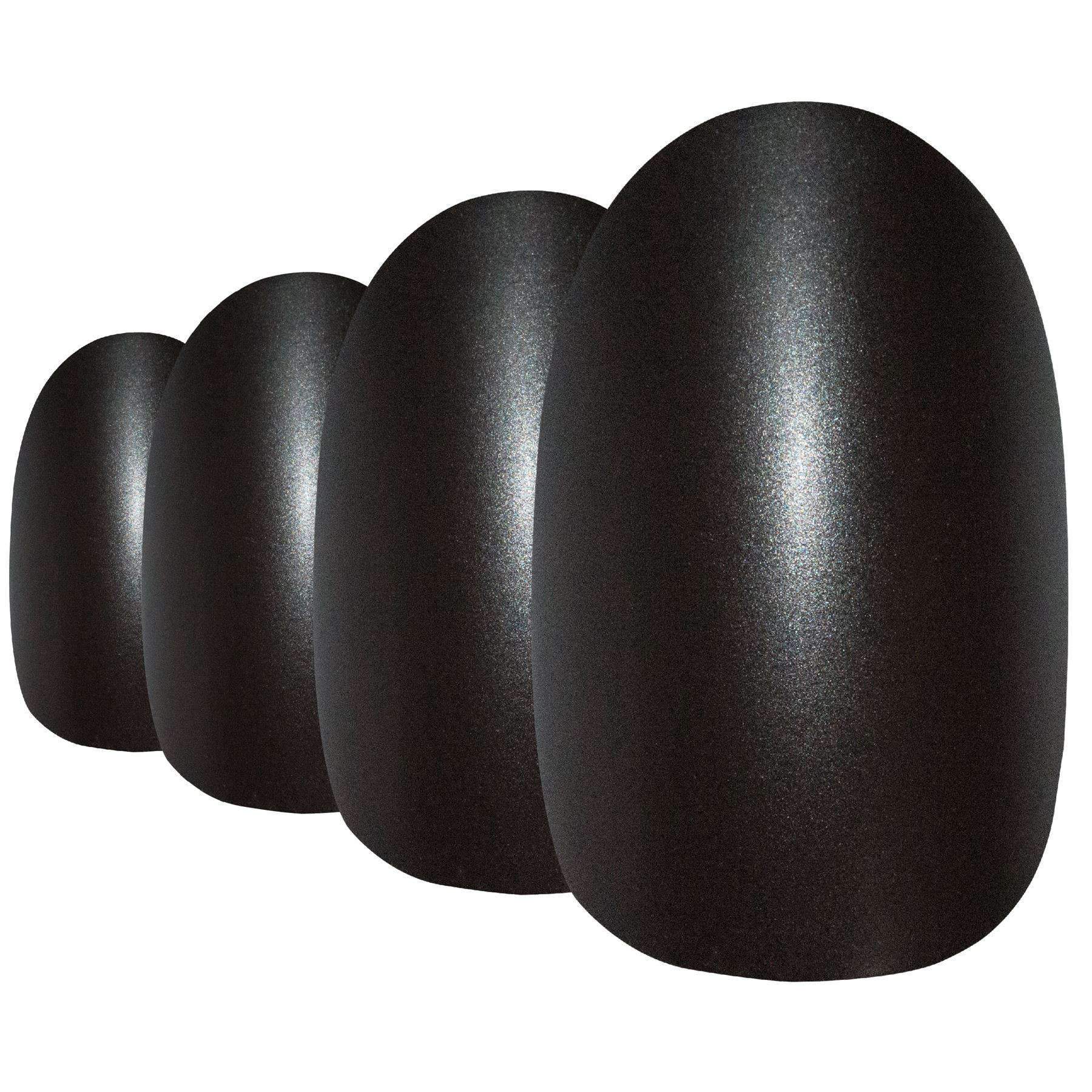 Bling Art Black Matte Metallic Oval Medium Fake Acrylic Nails set with 24 nail tips, glue, nail file, and cuticle stick displayed elegantly.