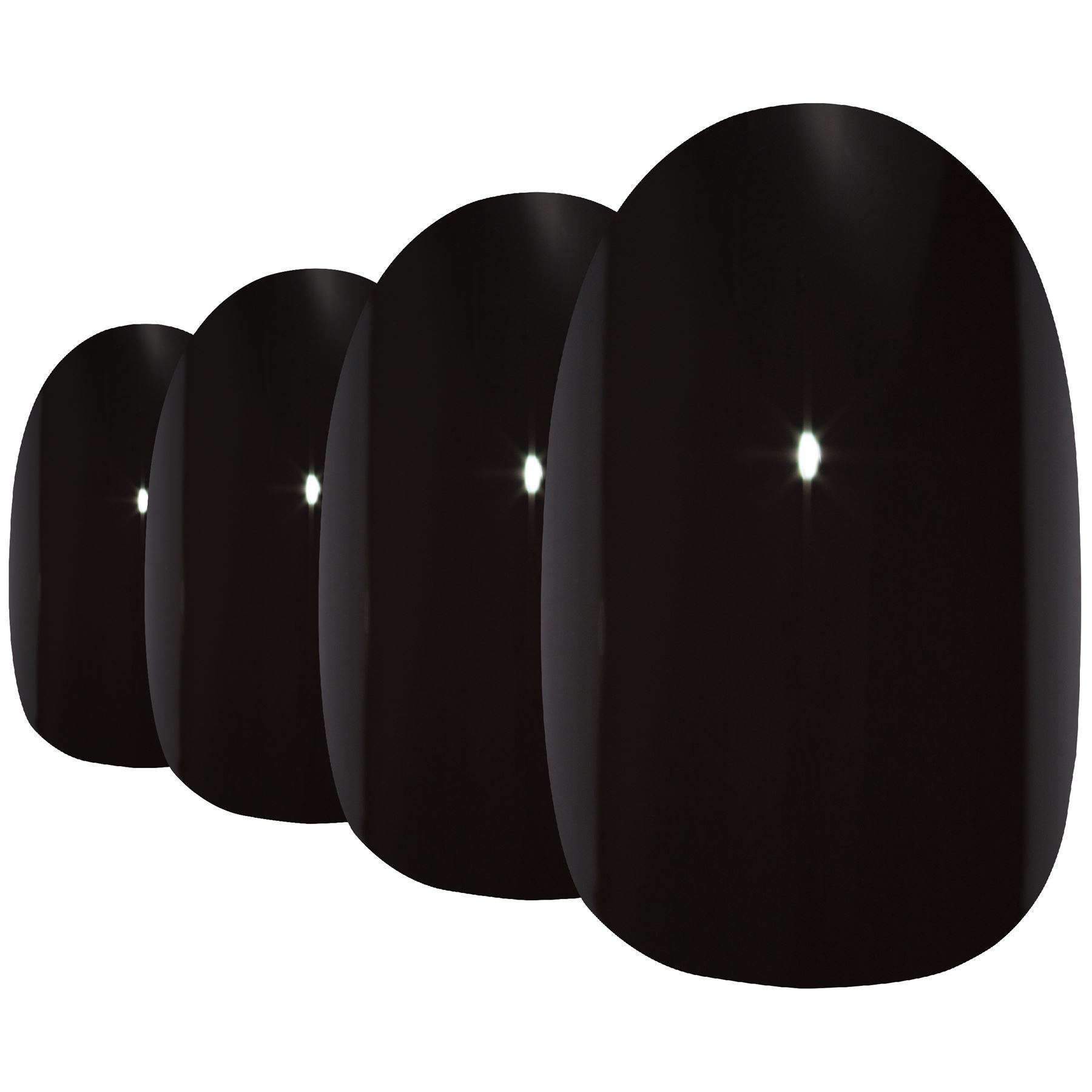 Bling Art Black Polished Oval Medium Fake Nails set, featuring 24 acrylic tips, glue, nail file, and cuticle stick in an elegant packaging.