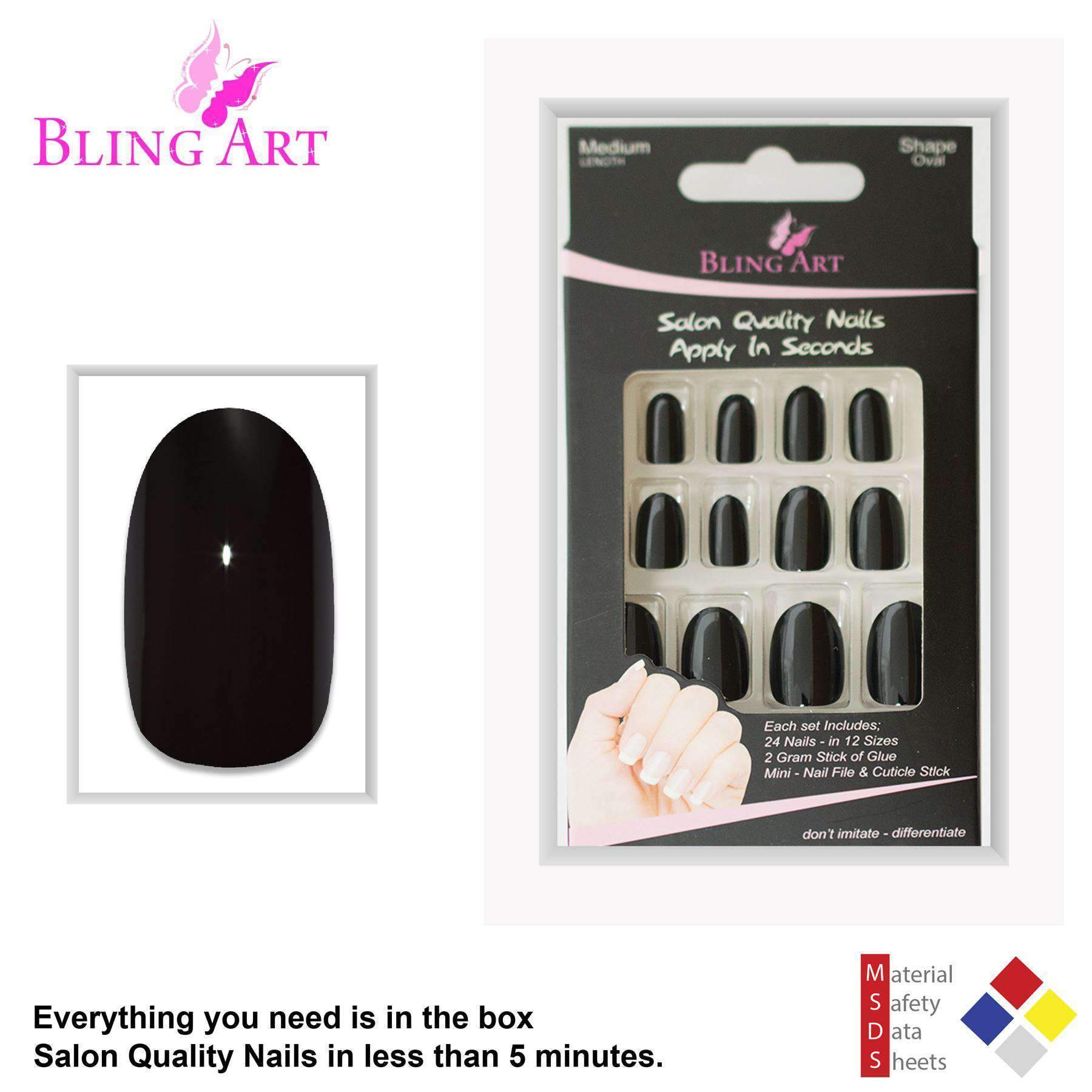 Bling Art Black Polished Oval Medium Fake Nails set, featuring 24 acrylic tips, glue, nail file, and cuticle stick in an elegant packaging.