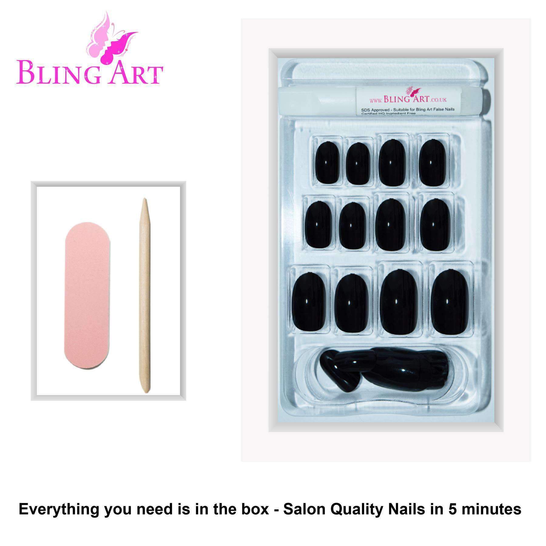Bling Art Black Polished Oval Medium Fake Nails set, featuring 24 acrylic tips, glue, nail file, and cuticle stick in an elegant packaging.