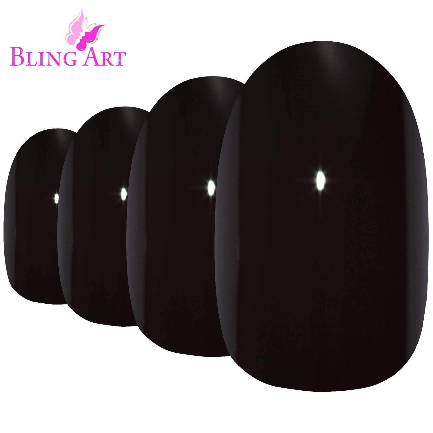 Bling Art Black Polished Oval Medium Fake Nails set, featuring 24 acrylic tips, glue, nail file, and cuticle stick in an elegant packaging.