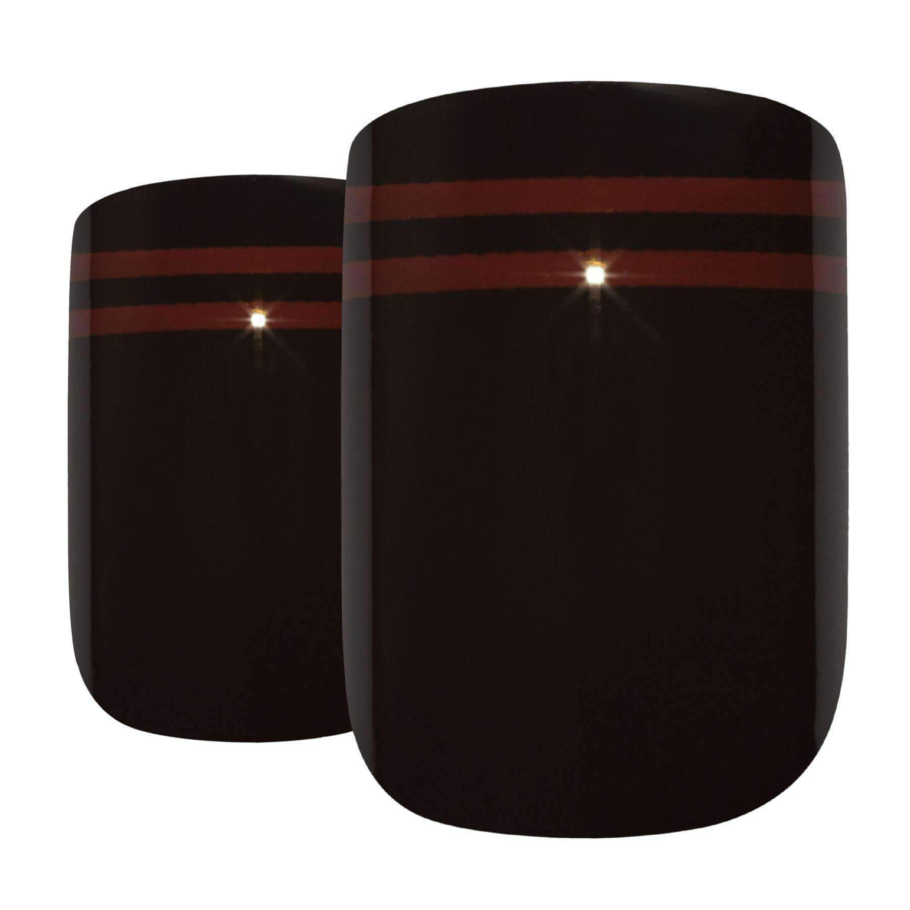 Bling Art Black Red Glossy French Squoval false nails displayed in a stylish arrangement, showcasing their elegant design and glossy finish.
