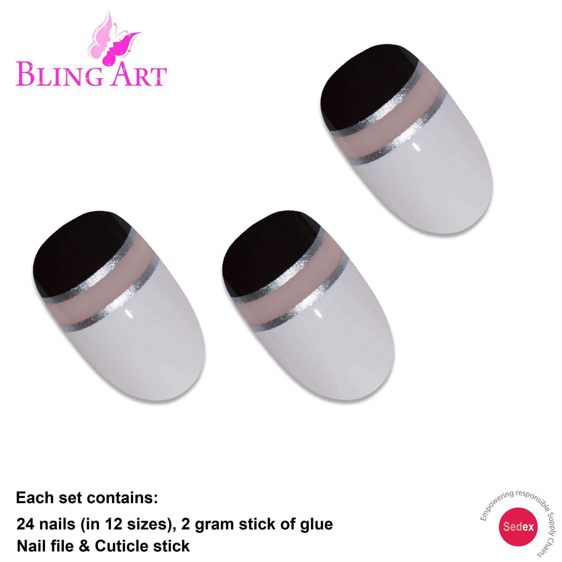 Bling Art Black White Glossy Oval Medium Fake Nails set with 24 acrylic tips, glue, nail file, and cuticle stick displayed elegantly.